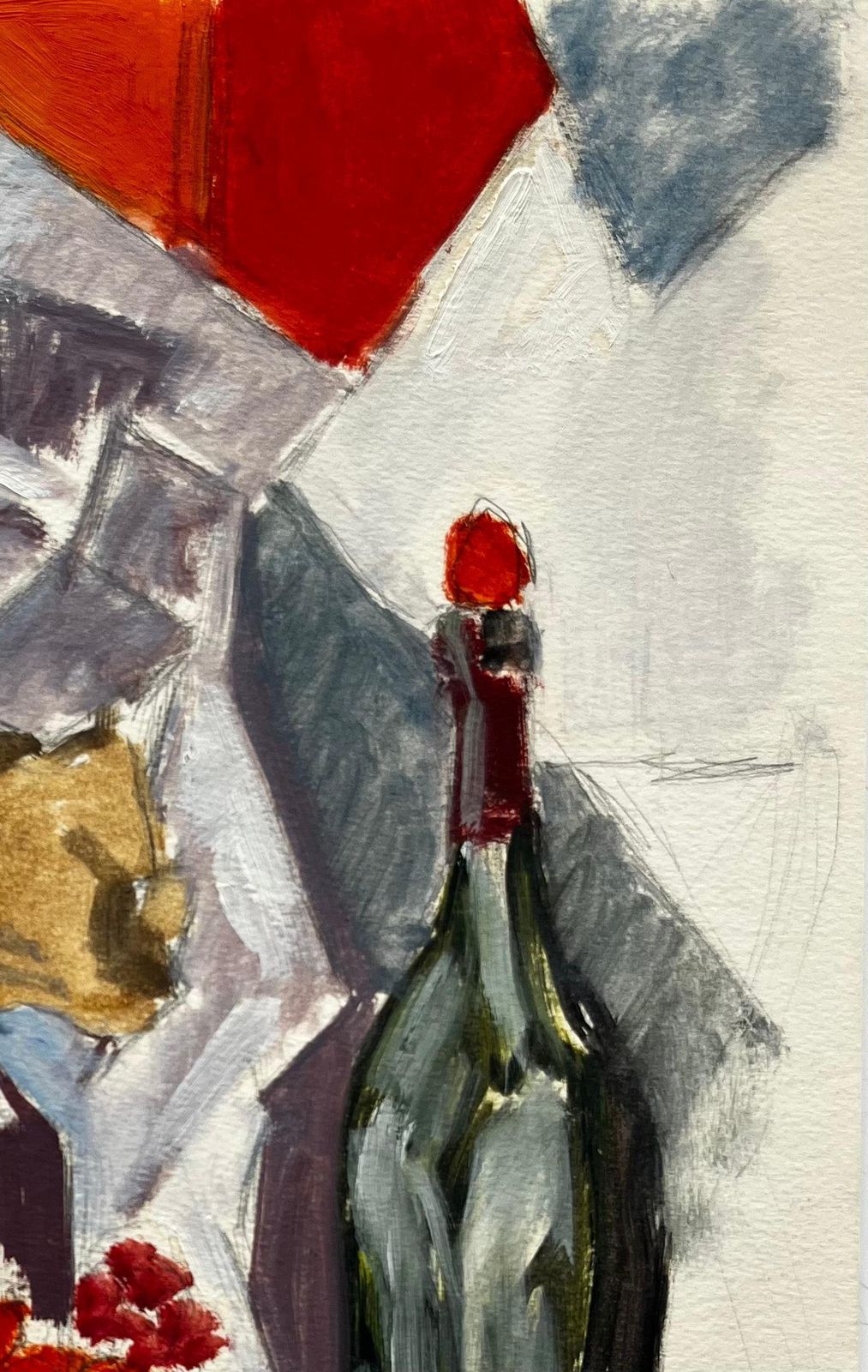 Guy Nicodmodernist Still Life With Wine Bottle Cake And Raspberries French Gouache photo vinterior