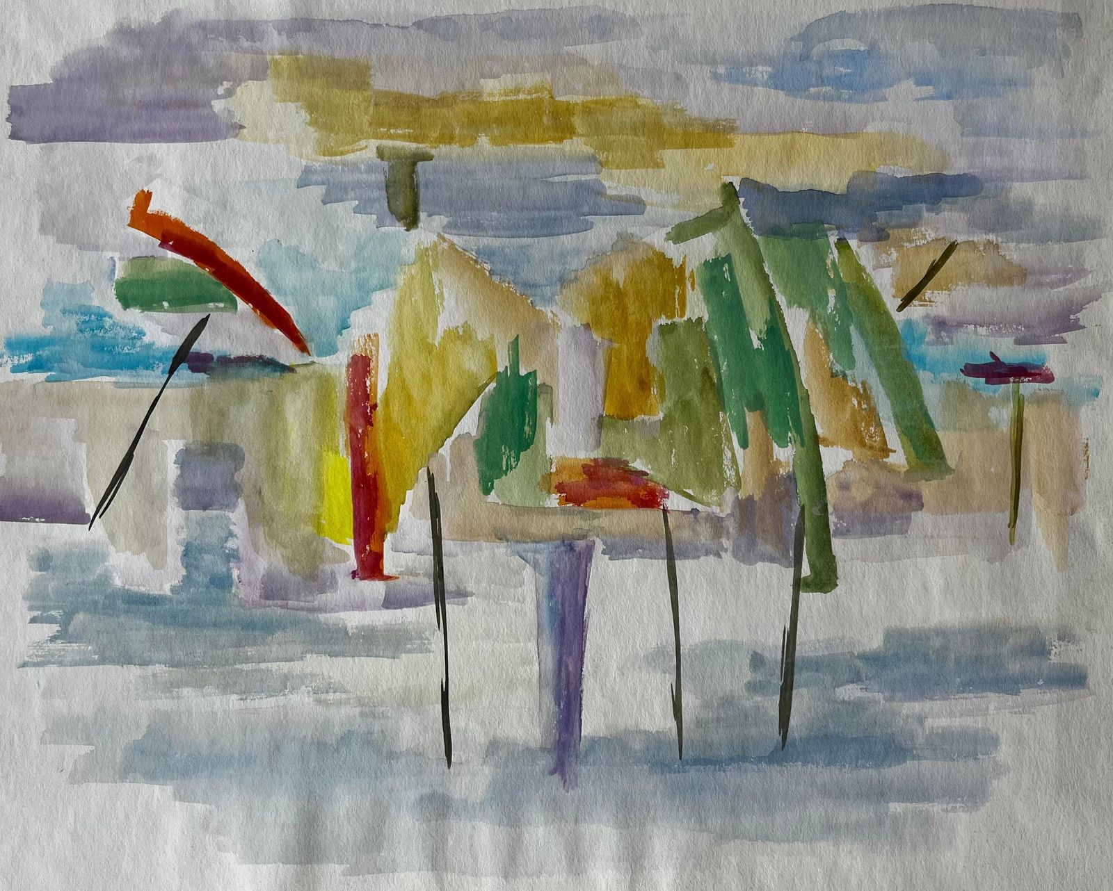 Guy Nicodabstract Landscape With Umbrellas French Modernist Watercolour Gouache