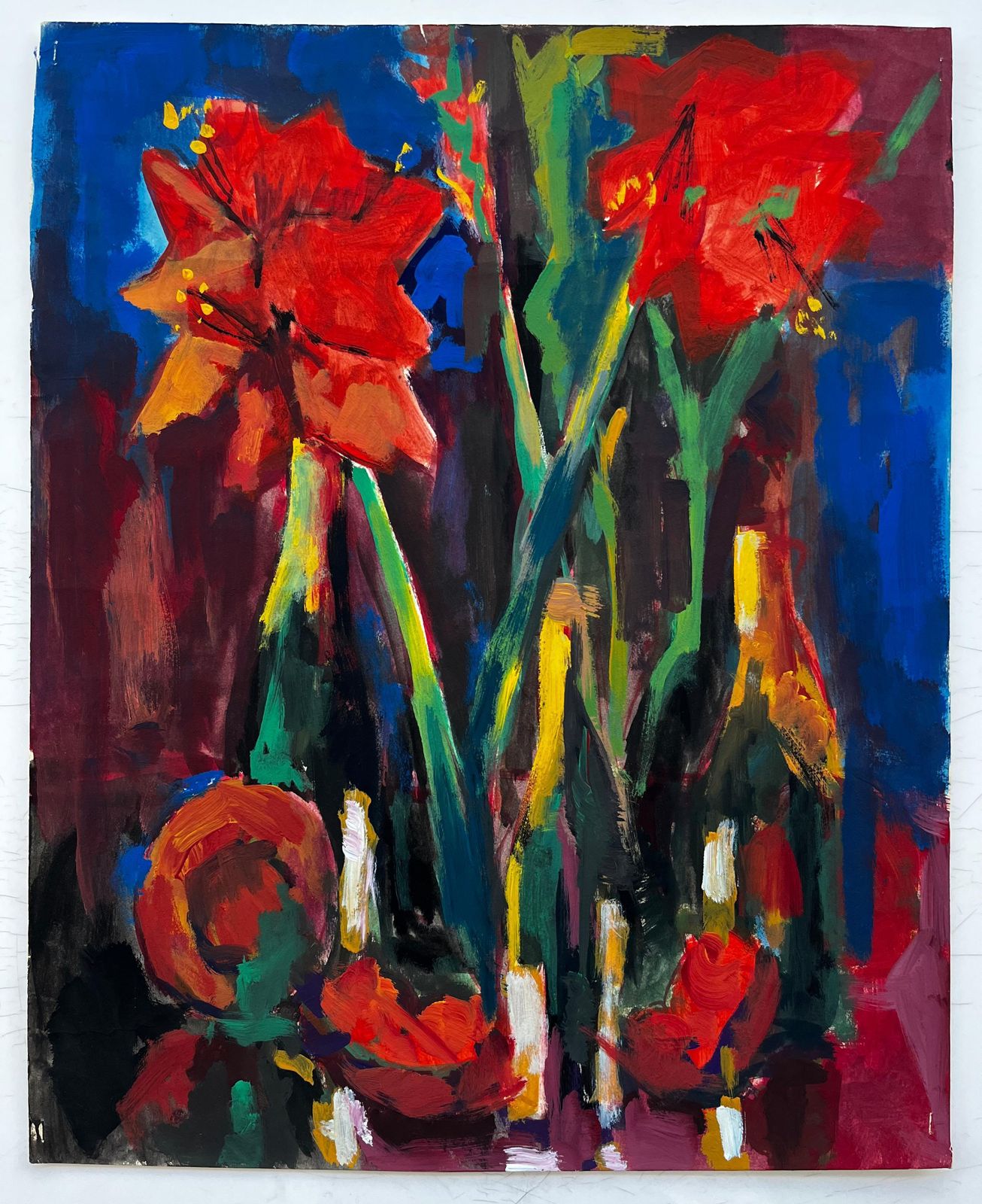 Guy Nicodfloral Still Life With Red Amaryllis And Wine Bottles French Modernist Gouache photo furniture
