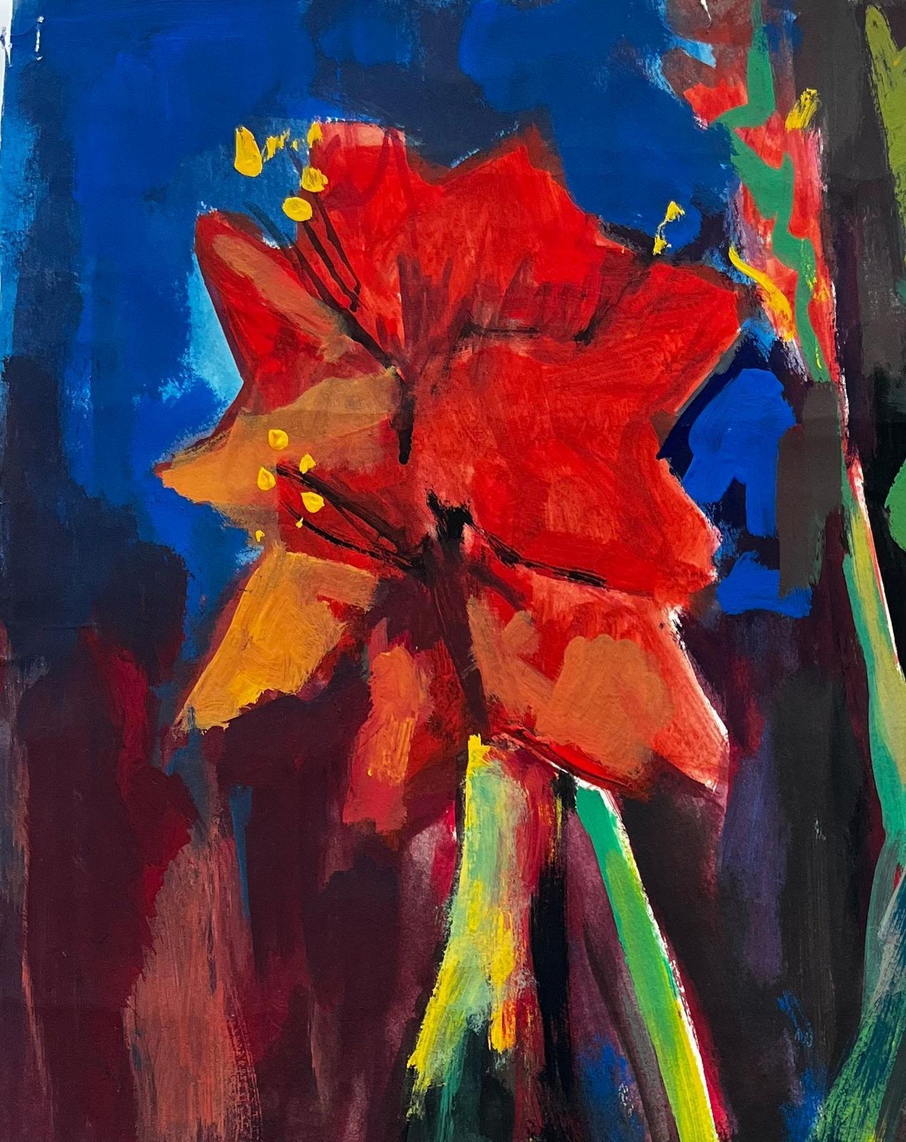 Guy Nicodfloral Still Life With Red Amaryllis And Wine Bottles French Modernist Gouache photo for sale
