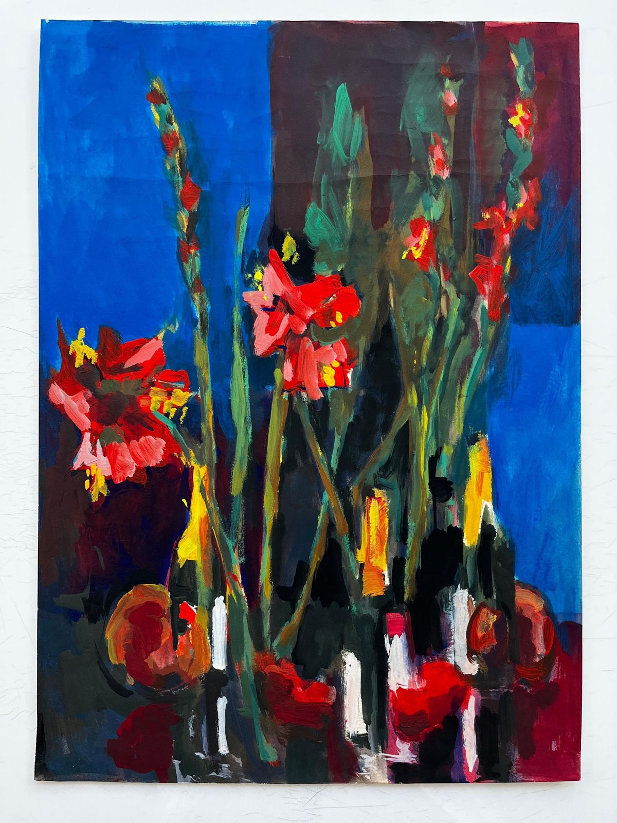 Guy Nicodvibrant Floral Still Life With Red Gladiolus And Wine Bottles French Modernist photo furniture