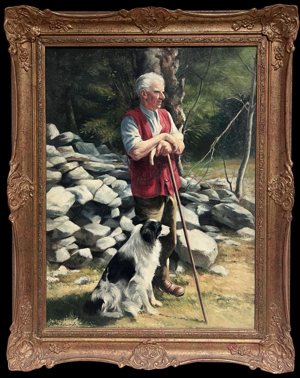 John Edwardsthe Shepherd With Border Collie Dog Traditional Rural English Life Oil Portrait