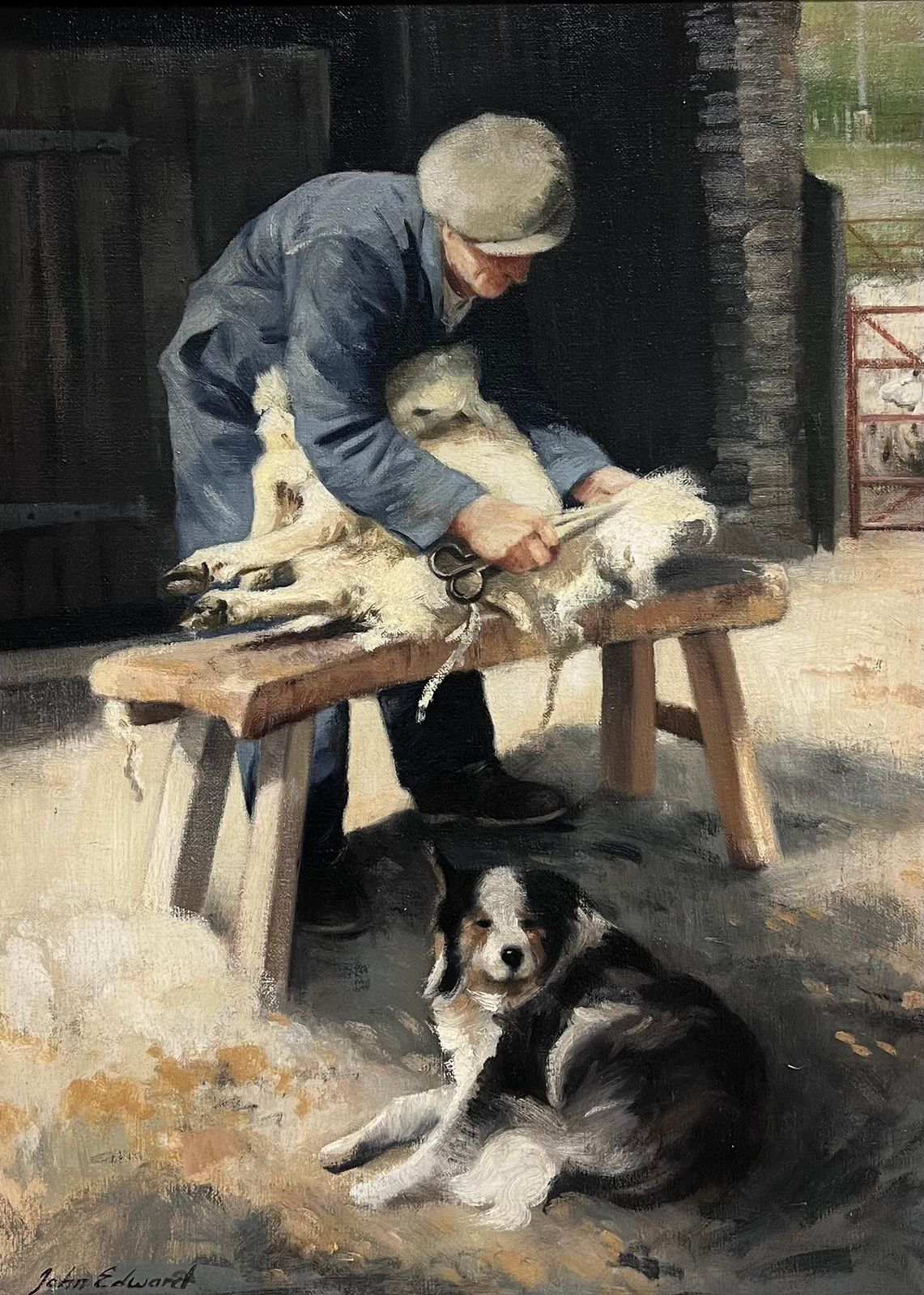 John Edwardsthe Sheep Shearer Shepherd With Border Collie Dog Traditional Rural Portrait Oil photo furniture