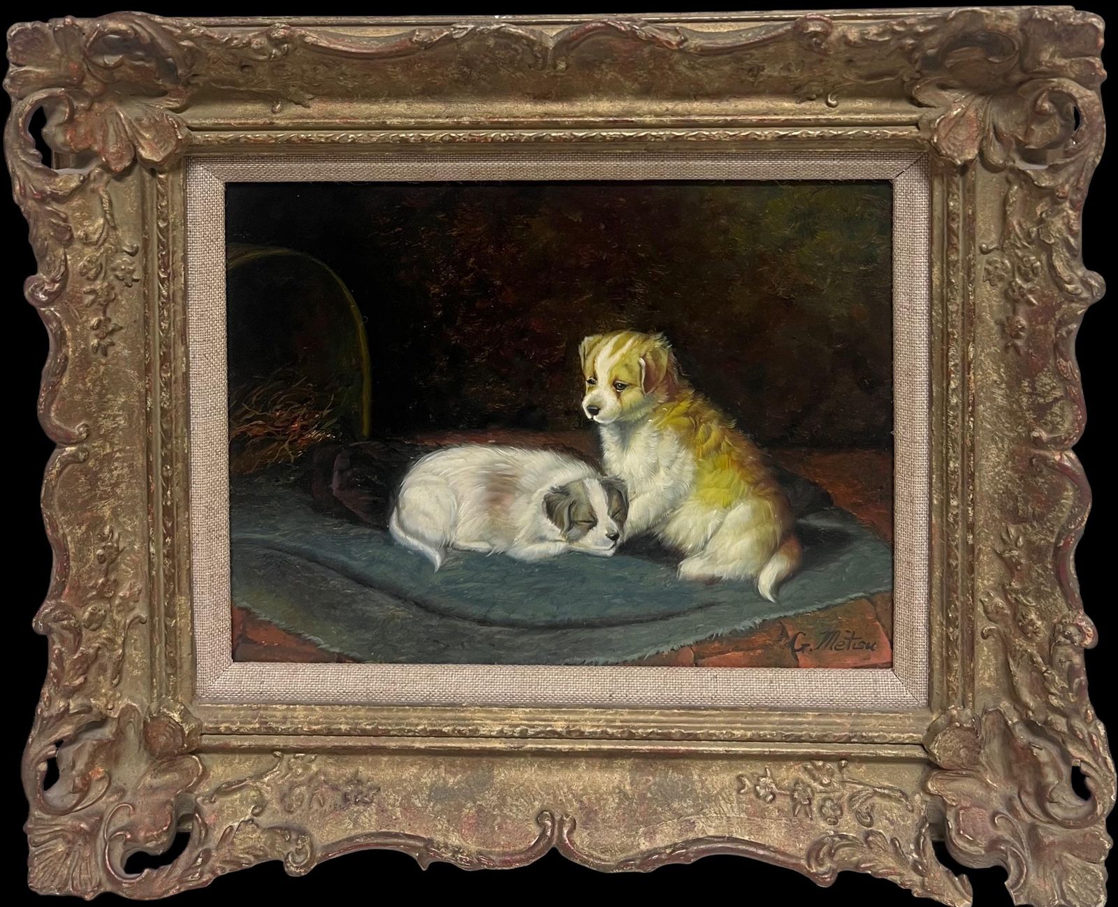 Continental Schoolportrait Of Two Puppies In Interior Room Setting Signed Oil Painting