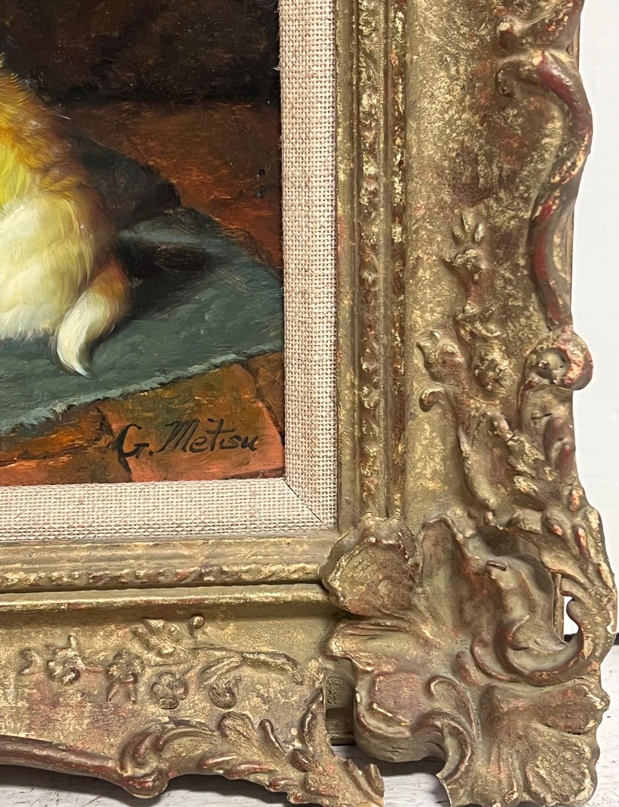 Continental Schoolportrait Of Two Puppies In Interior Room Setting Signed Oil Painting photo Art