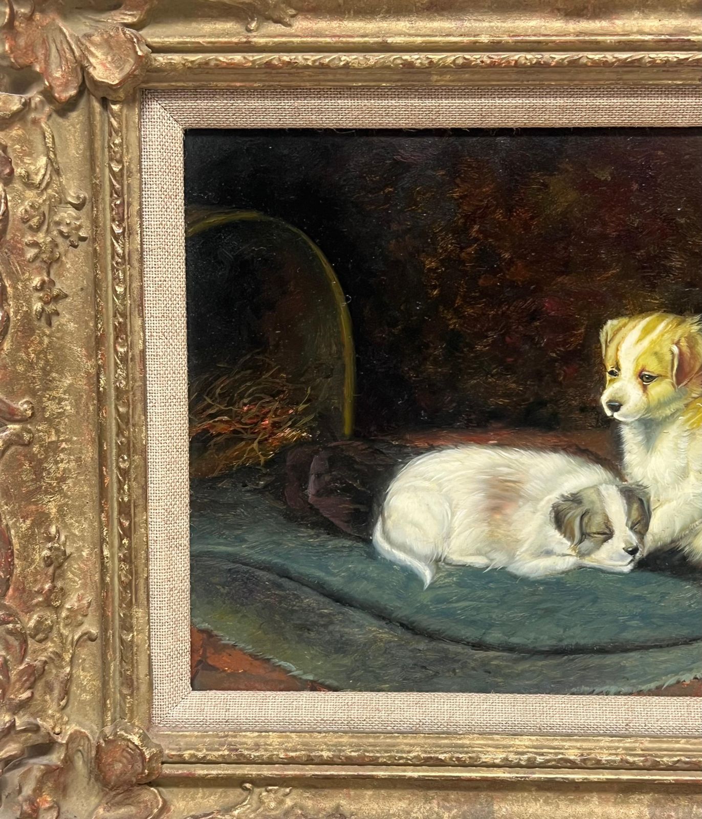 Continental Schoolportrait Of Two Puppies In Interior Room Setting Signed Oil Painting photo vintage