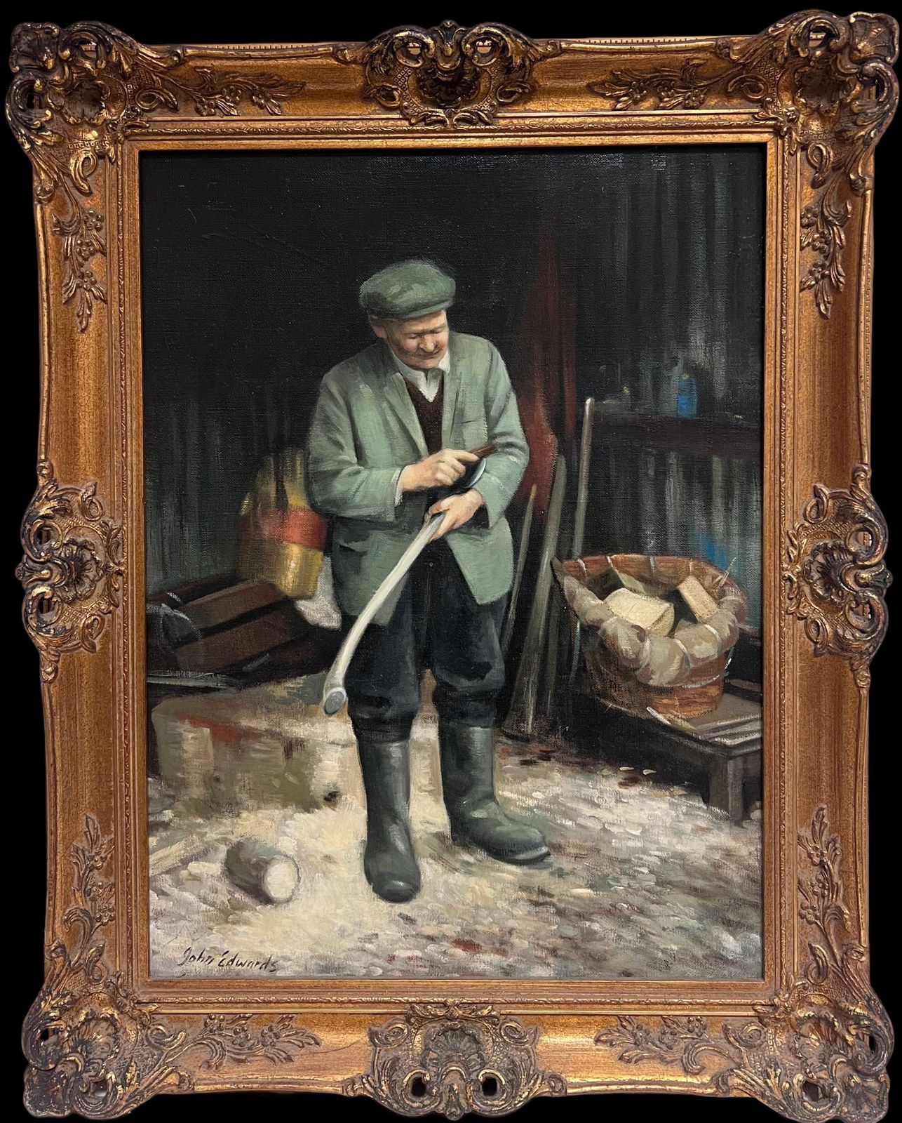 John Edwardsthe Log Cutter Traditional English Rural Life Portrait Painting Signed Oil