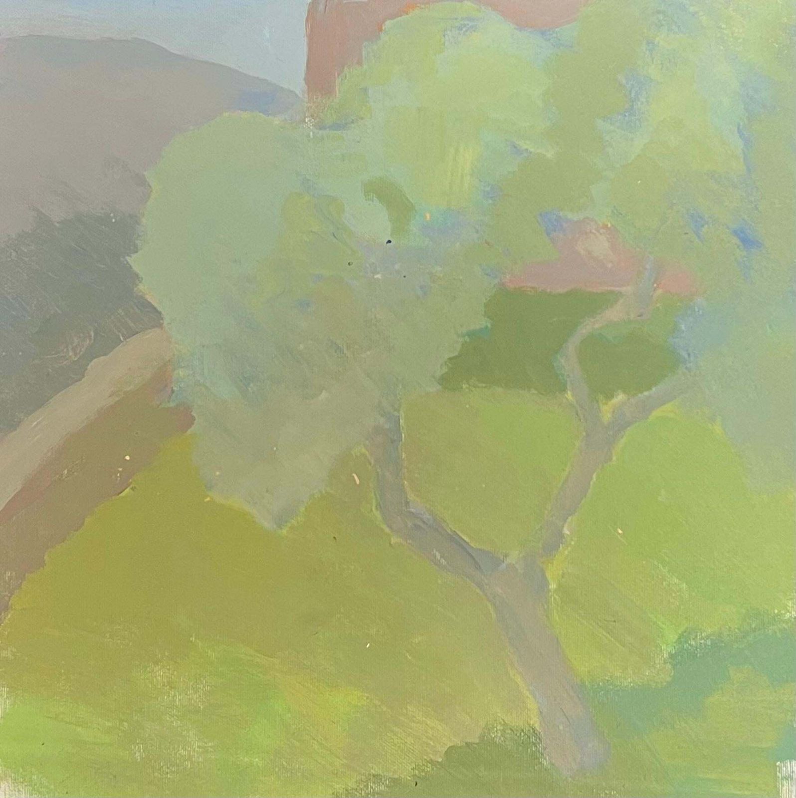 French School French Modernist Oil Painting Green Tonal Landscape With Pink House