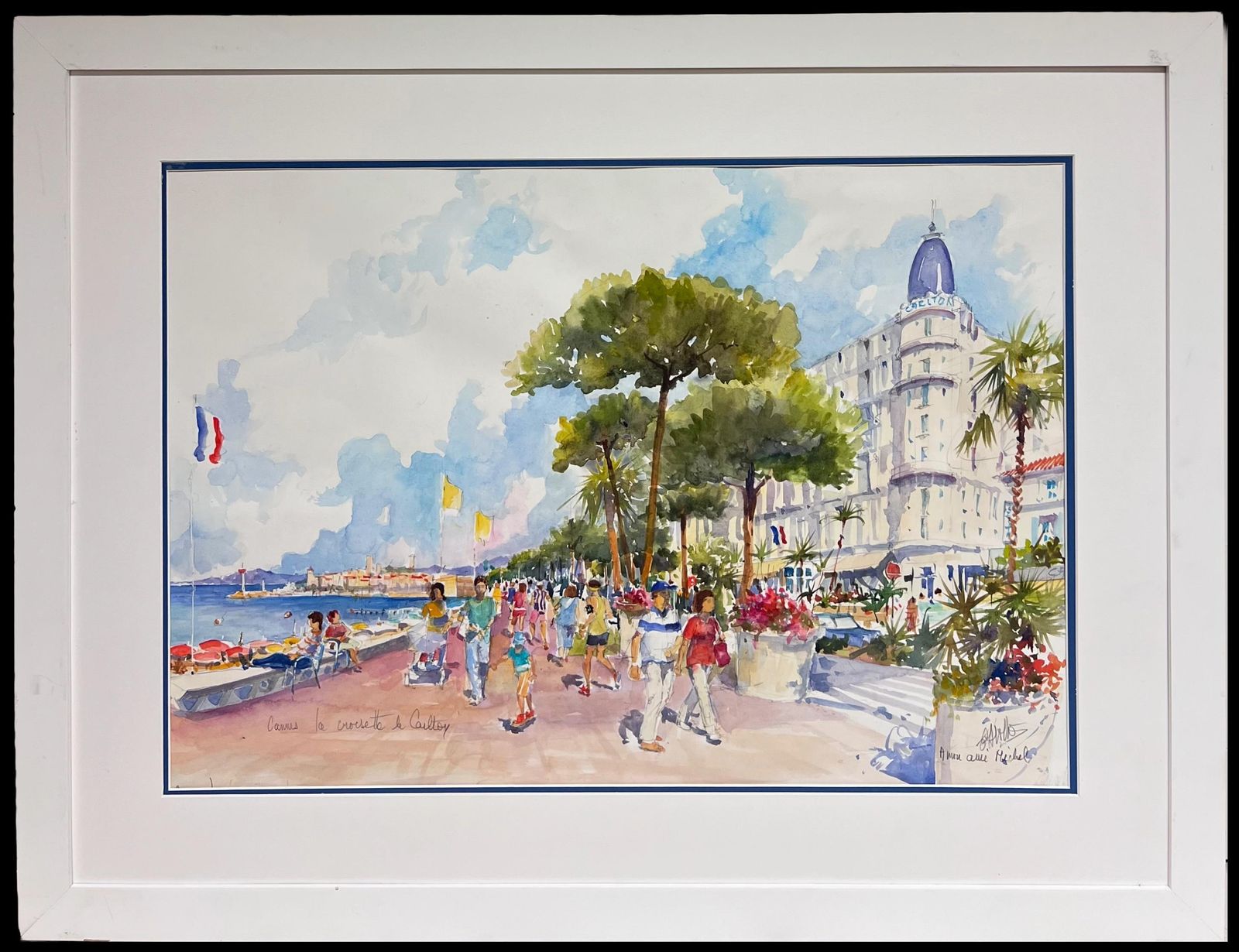 French Impressionistla Croissette Cannes Carlton Hotel Busy Beach & Figures Signed Original Painting photo furniture