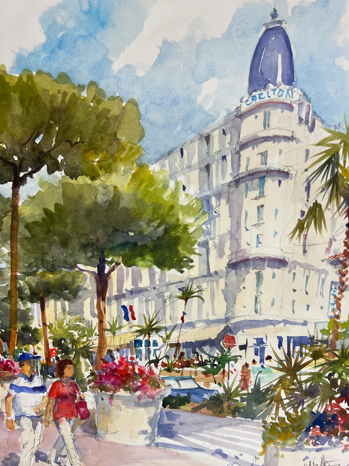 photo furniture French Impressionistla Croissette Cannes Carlton Hotel Busy Beach & Figures Signed Original Painting