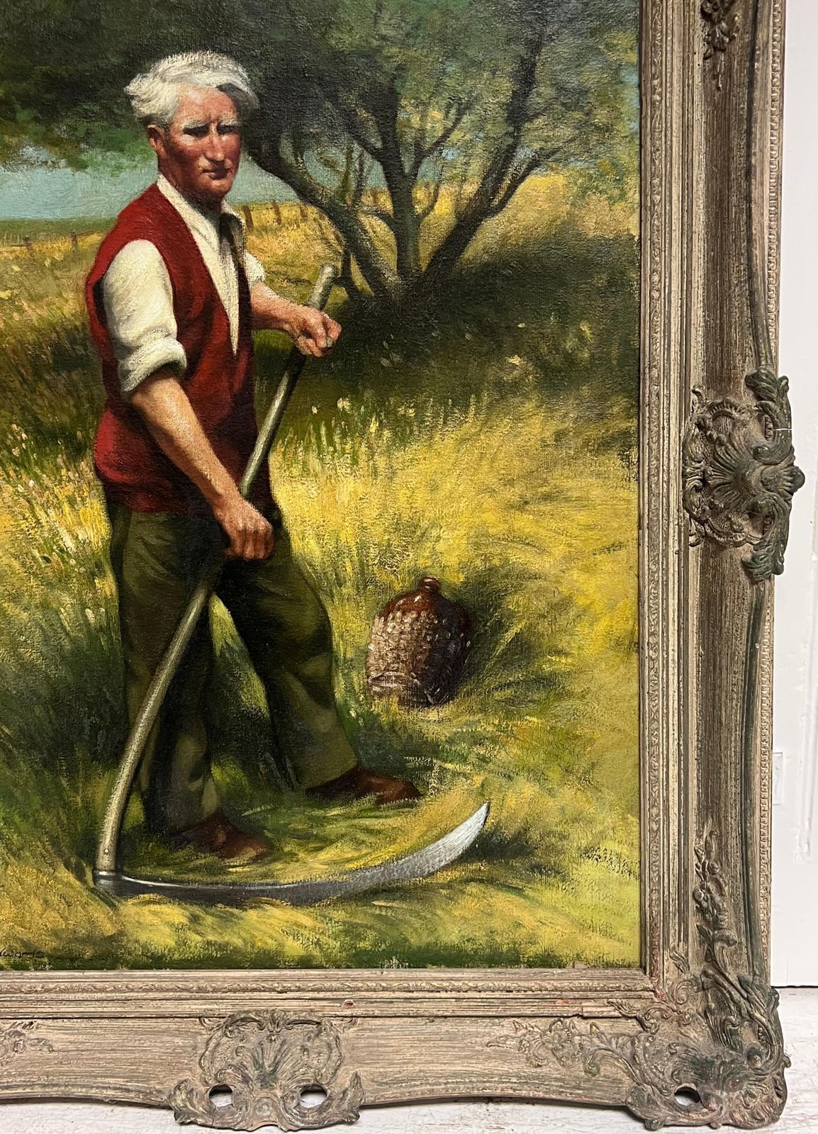John Edwardstraditional Rural English Signed Oil Painting Hay Cutting Portrait With Scythe photo furniture