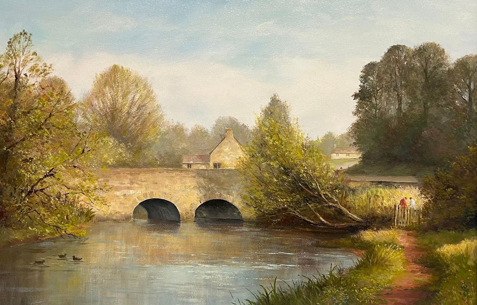 E. J. Wilsonlarge Traditional English Rural Oil Painting River Landscape Old Stone Bridge photo furniture