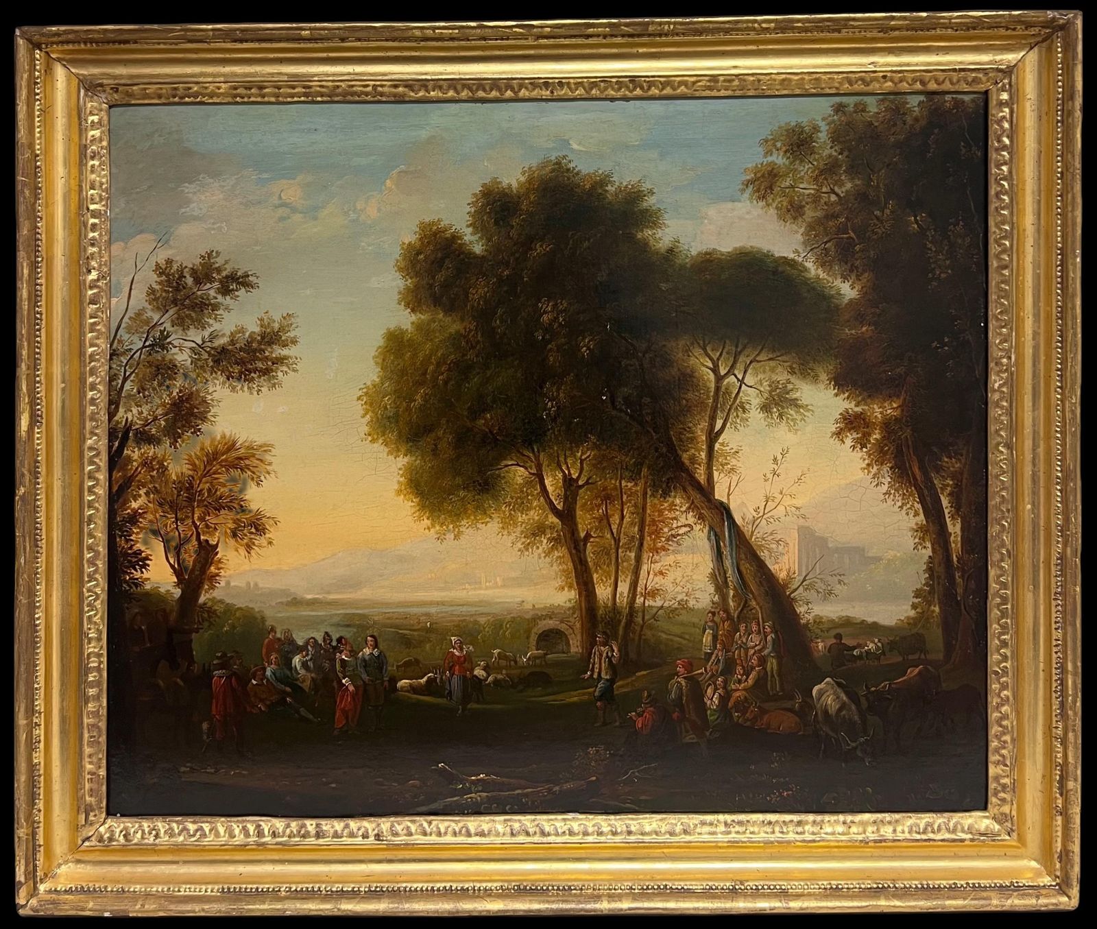 Dutch Old Masterfine 17th Century Dutch Golden Age Old Master Oil Figures In Classical Landscape