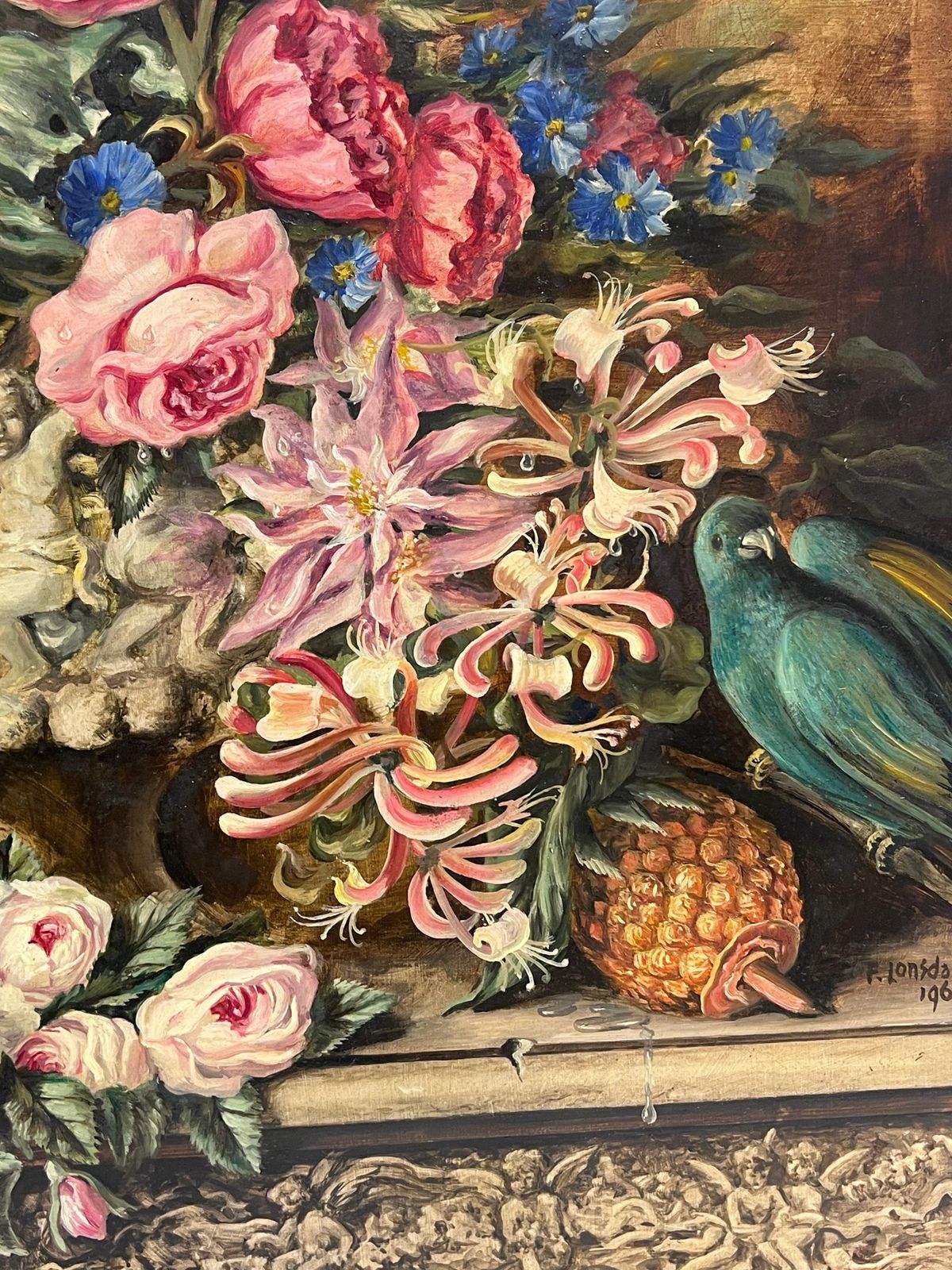 Antique Englishfine English Still Life Flowers Exotic Bird And Fruit Large Oil Painting Signed photo 1009.0