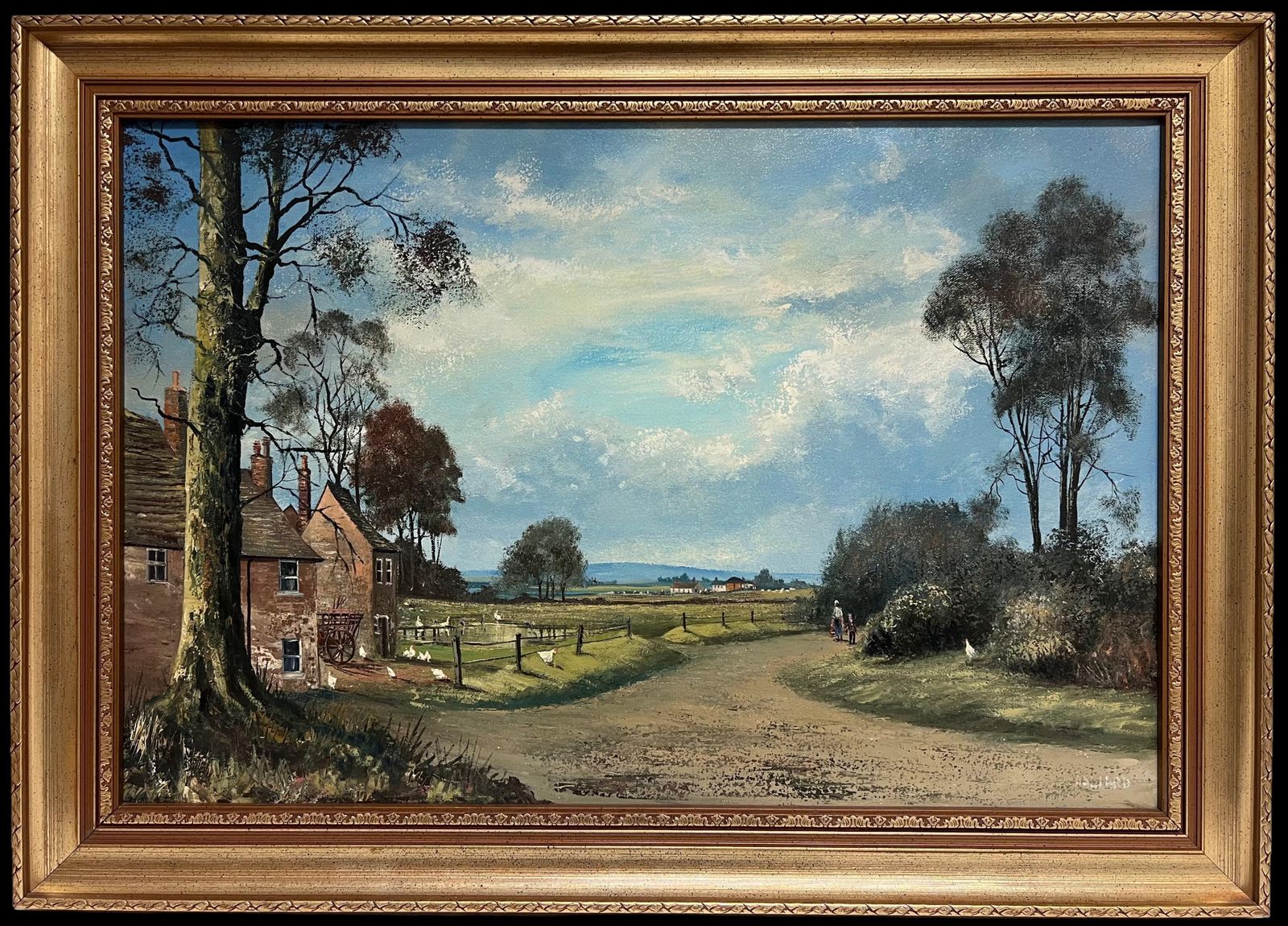 Nigel Hallard (1936 2020)large Traditional English Oil Rural Farm Landscape With Chickens House & Figures