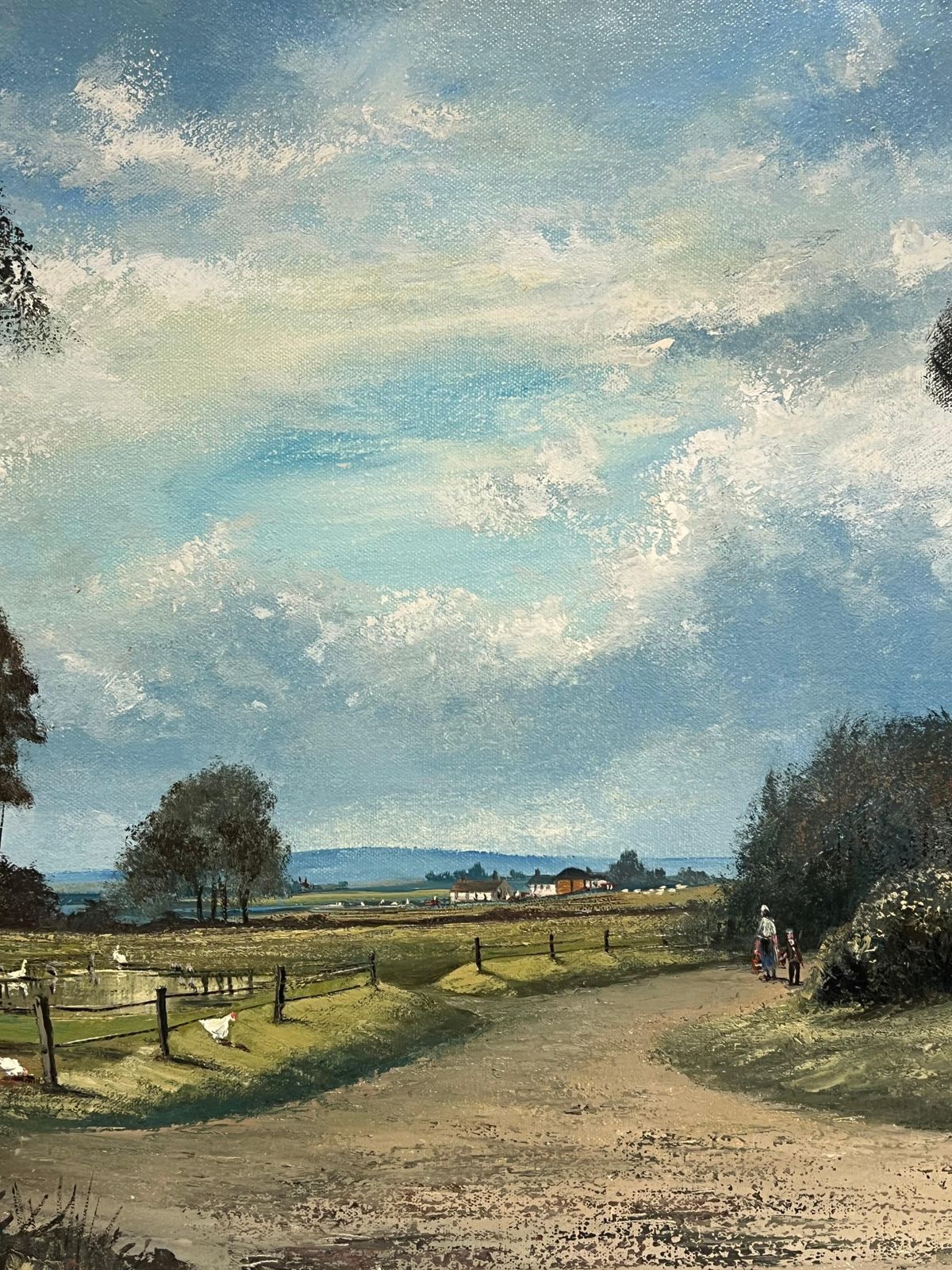 photo for sale Nigel Hallard (1936 2020)large Traditional English Oil Rural Farm Landscape With Chickens House & Figures