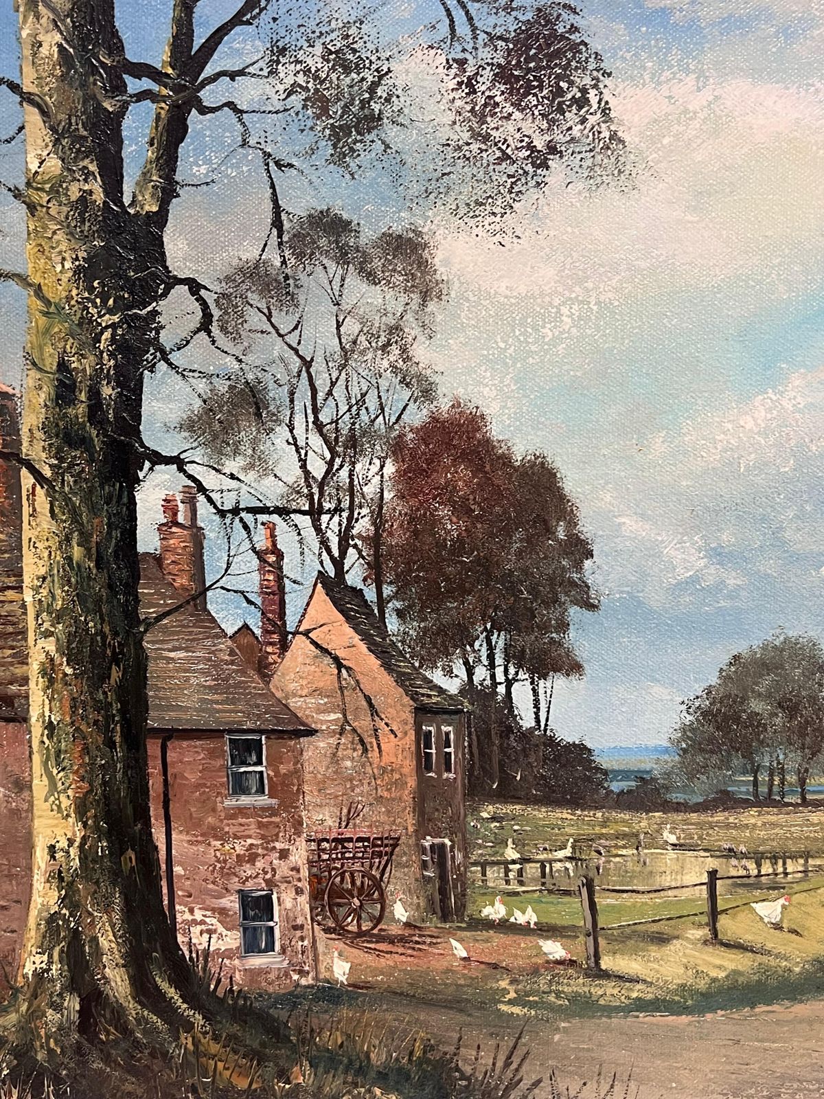 Art Nigel Hallard (1936 2020)large Traditional English Oil Rural Farm Landscape With Chickens House & Figures photo