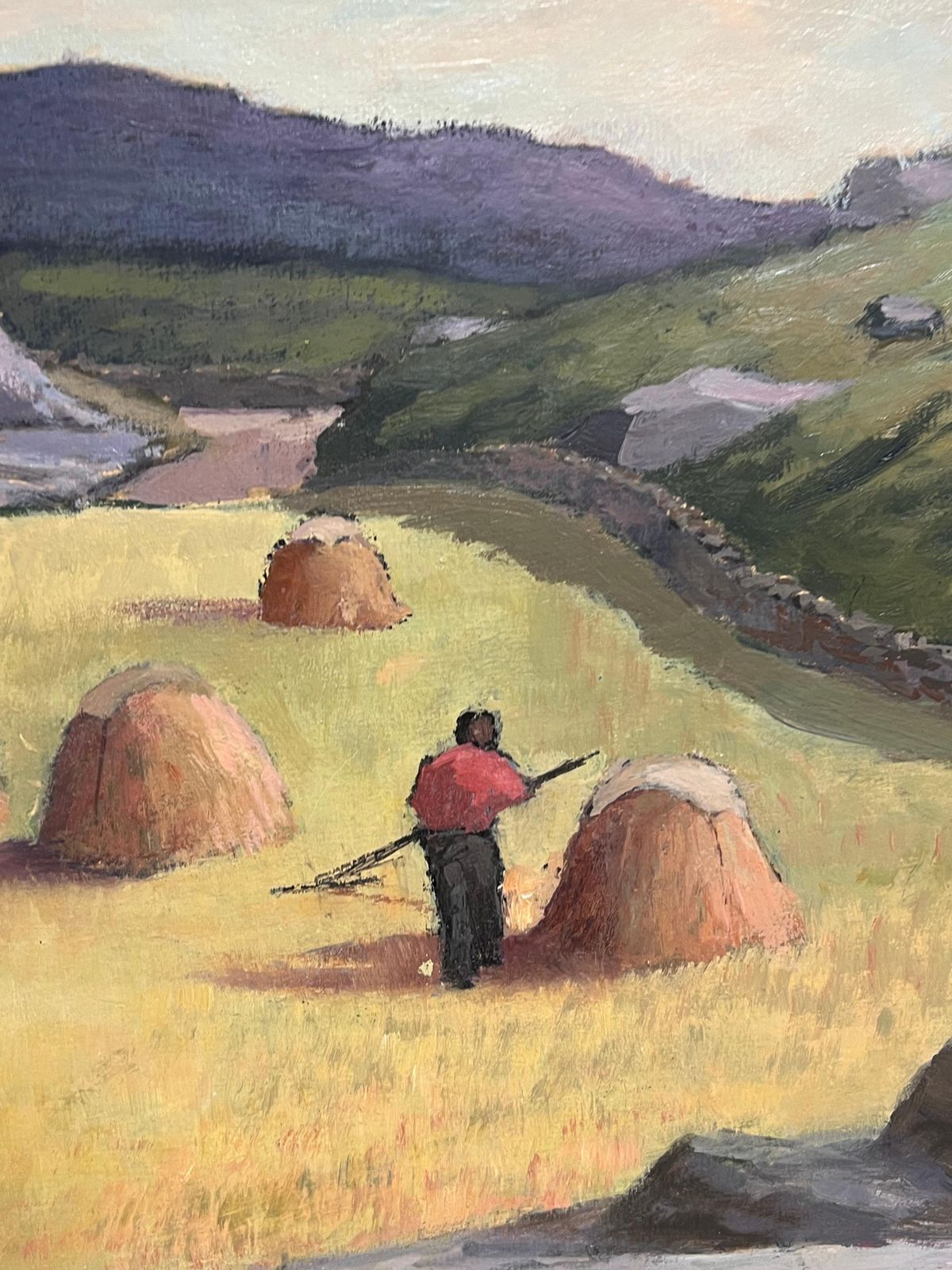 Art Irish School (Late 20th Century)irish Impressionist Oil Painting Haystooks In Landscape Field Harvest Workers photo
