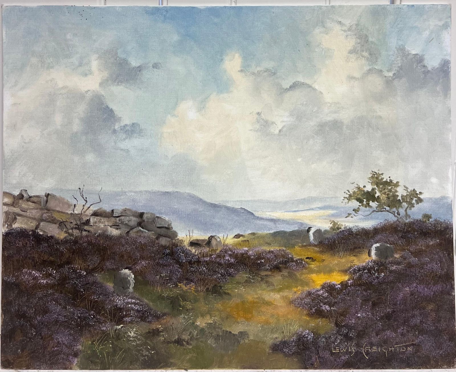 Lewis Creightonwindswept Yorkshire Moors Landscape 20th Century British Impressionist Oil photo for sale
