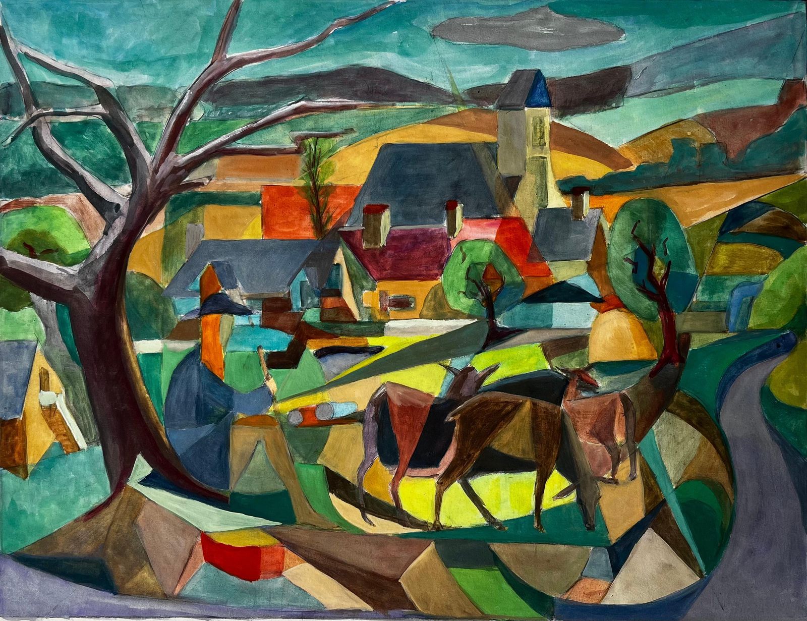 Guy Nicod Cubist Gouache French Village Landscape With Deer Church Trees And Hills