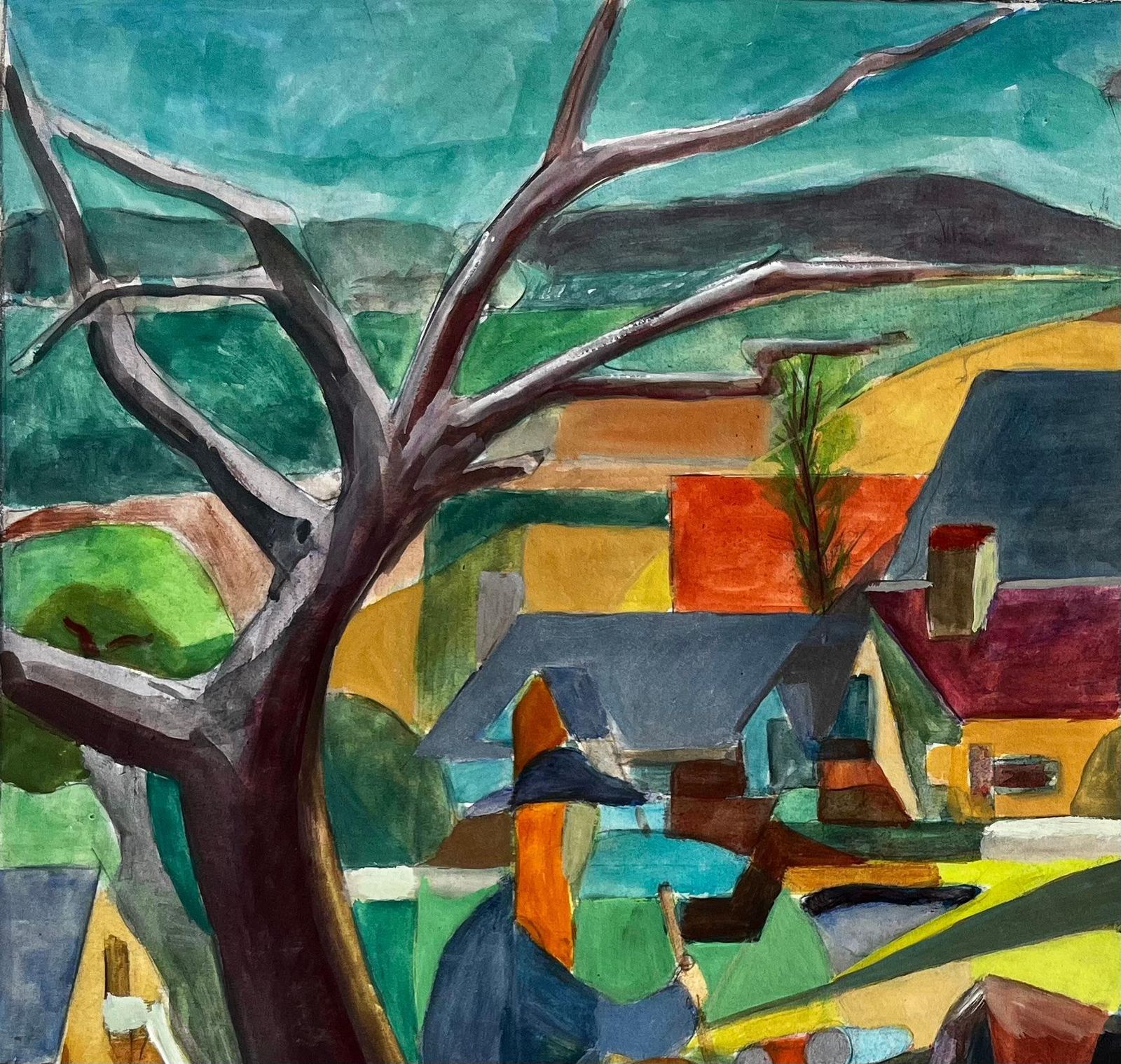 Guy Nicod Cubist Gouache French Village Landscape With Deer Church Trees And Hills photo vinterior
