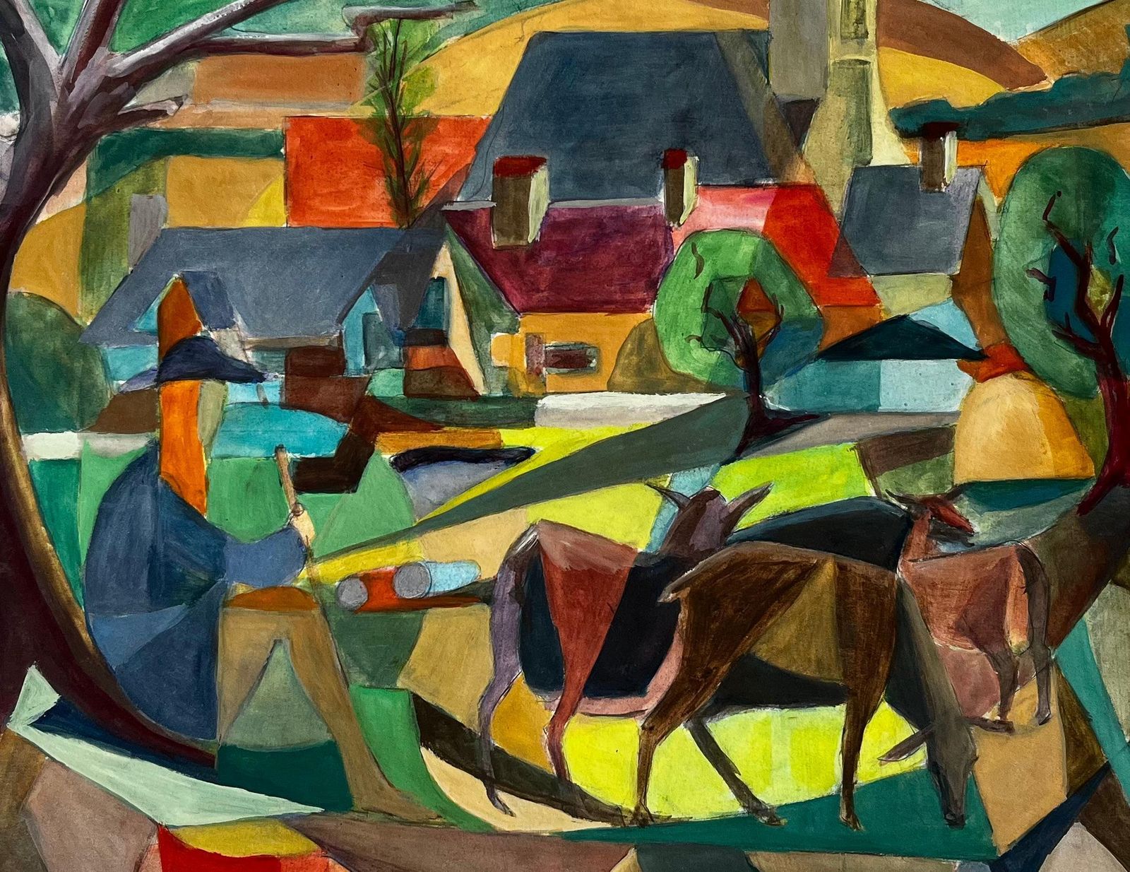 Guy Nicod Cubist Gouache French Village Landscape With Deer Church Trees And Hills photo buy