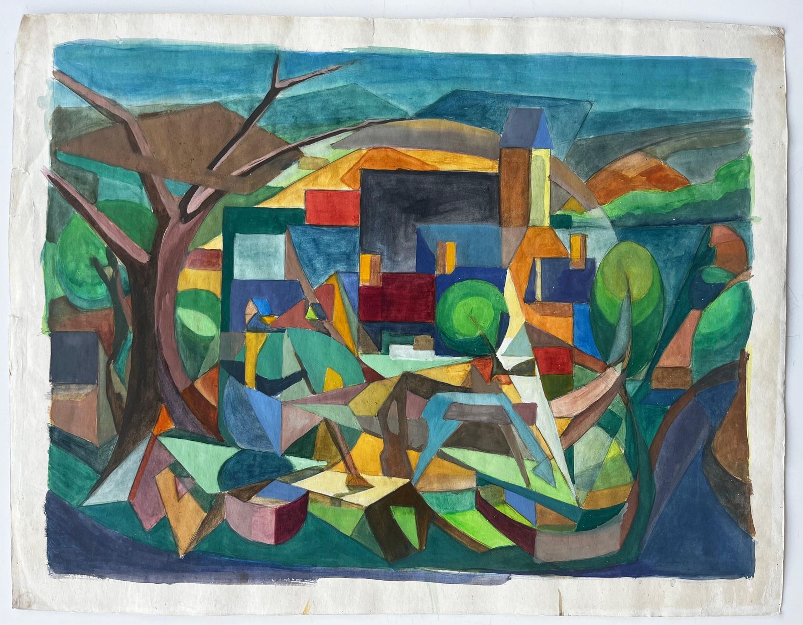 Guy Nicodcubist Gouache French Village Landscape With Trees Houses And Church Tower photo furniture