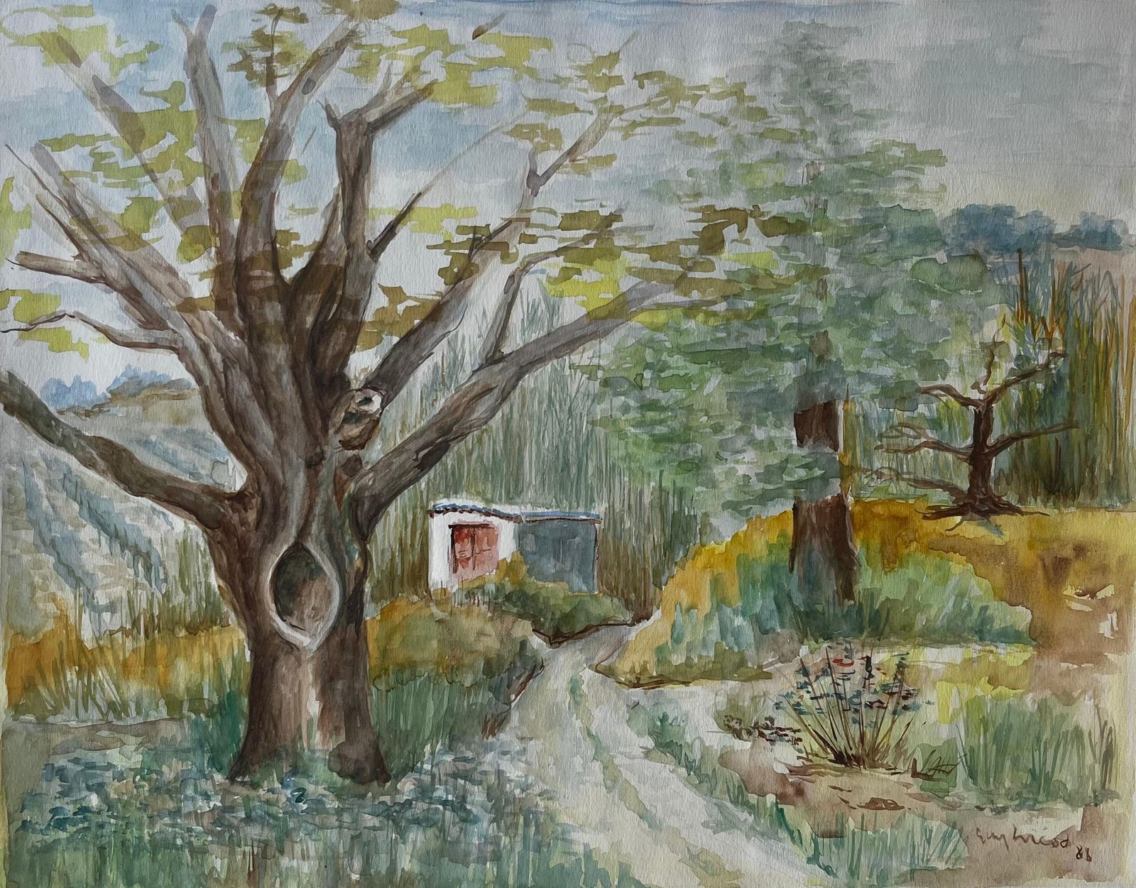 Guy Nicodfrench Countryside Path With Tree And Cottage Watercolour Landscape Painting