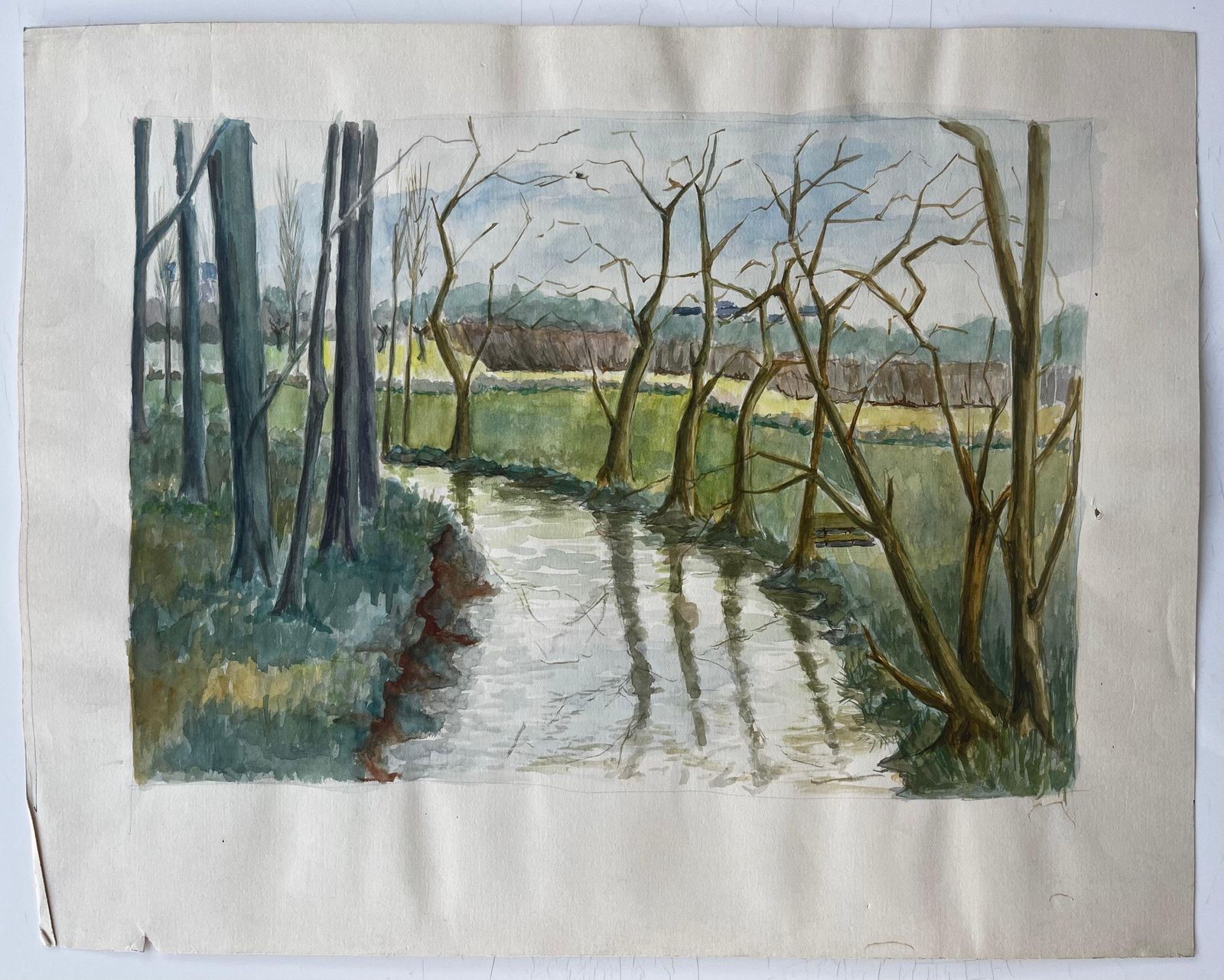 Guy Nicodfrench Riverbank With Trees And Reflections Watercolour Landscape Painting photo furniture