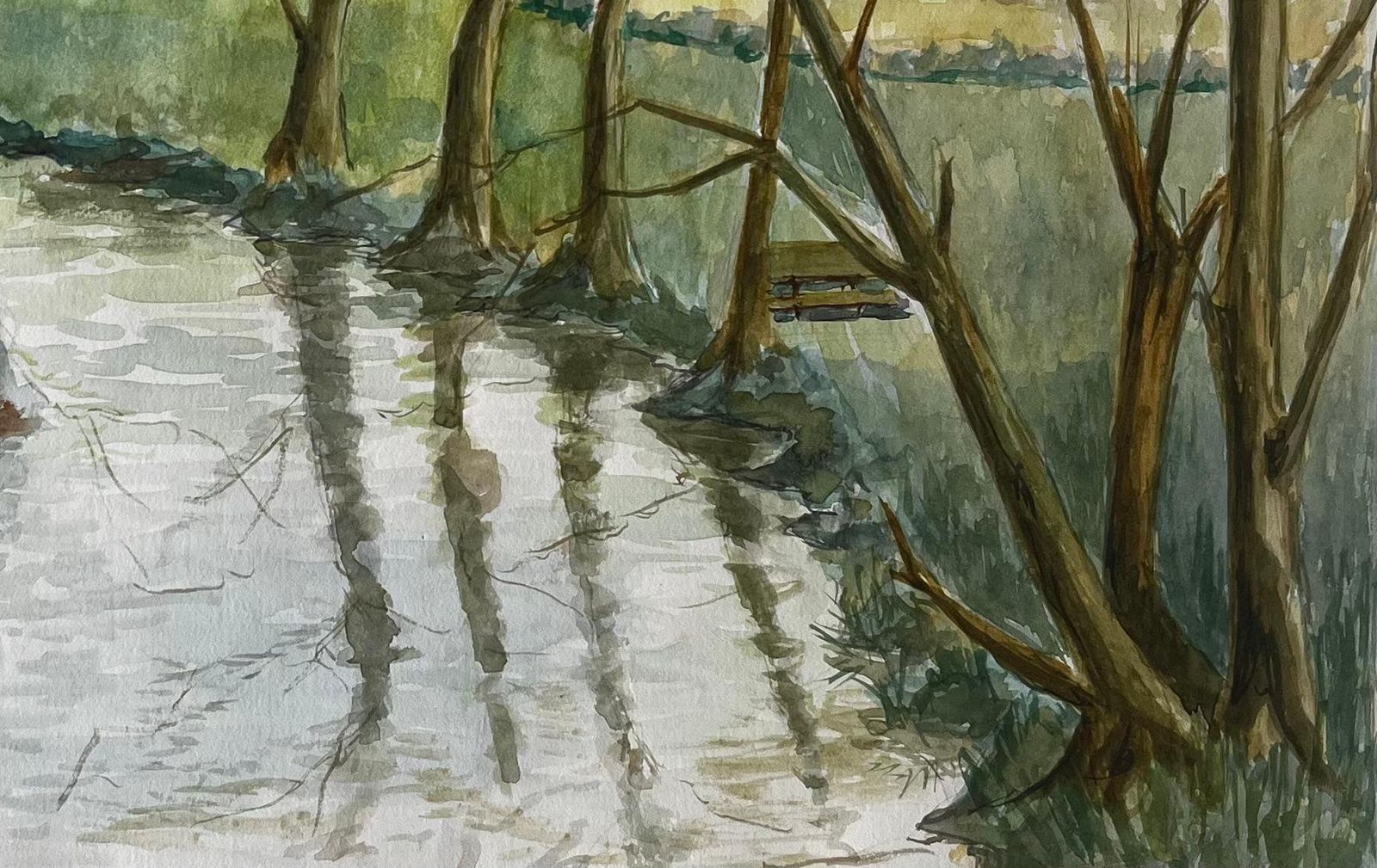 Guy Nicodfrench Riverbank With Trees And Reflections Watercolour Landscape Painting photo Art