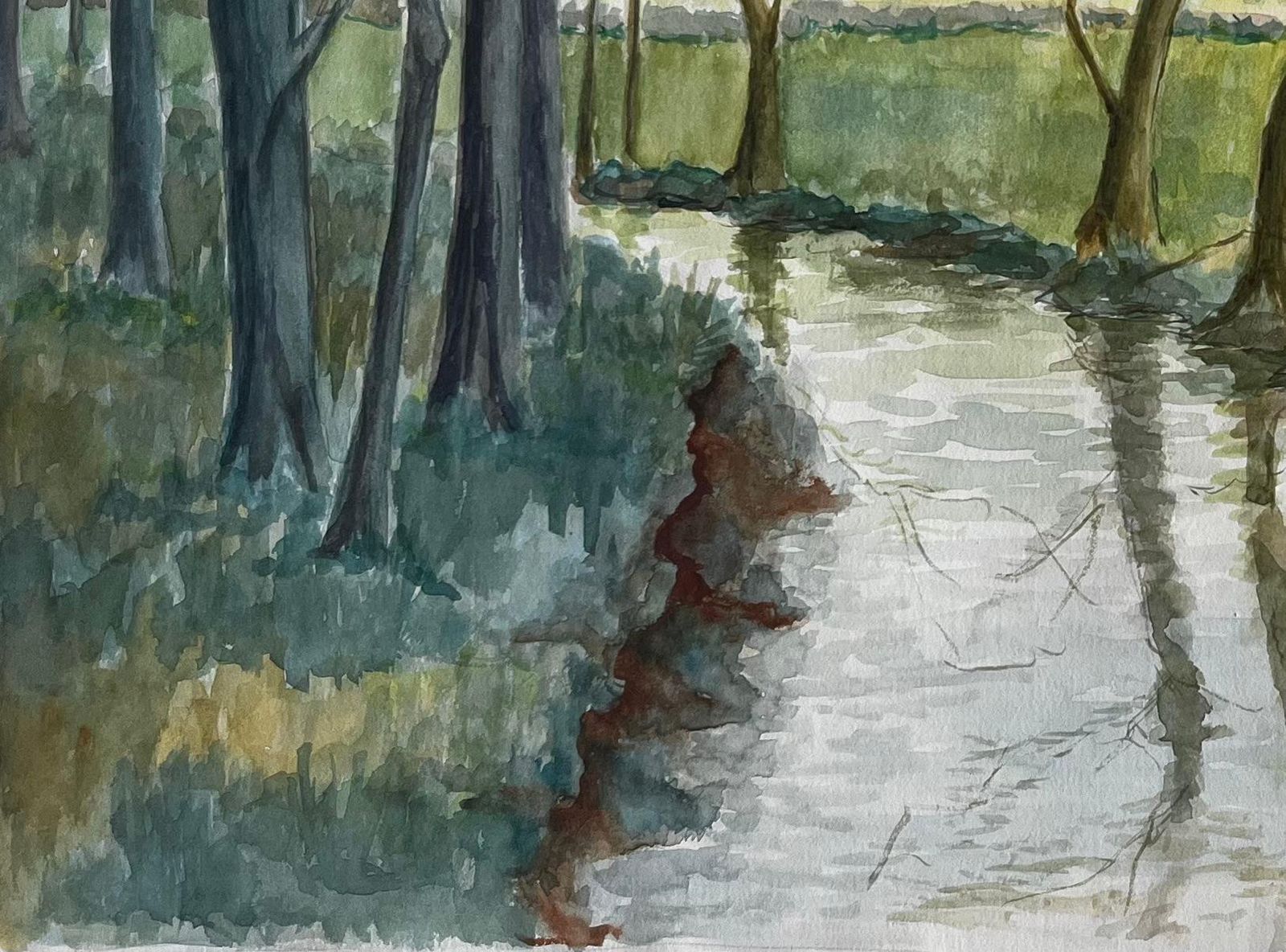 Guy Nicodfrench Riverbank With Trees And Reflections Watercolour Landscape Painting photo 519.0