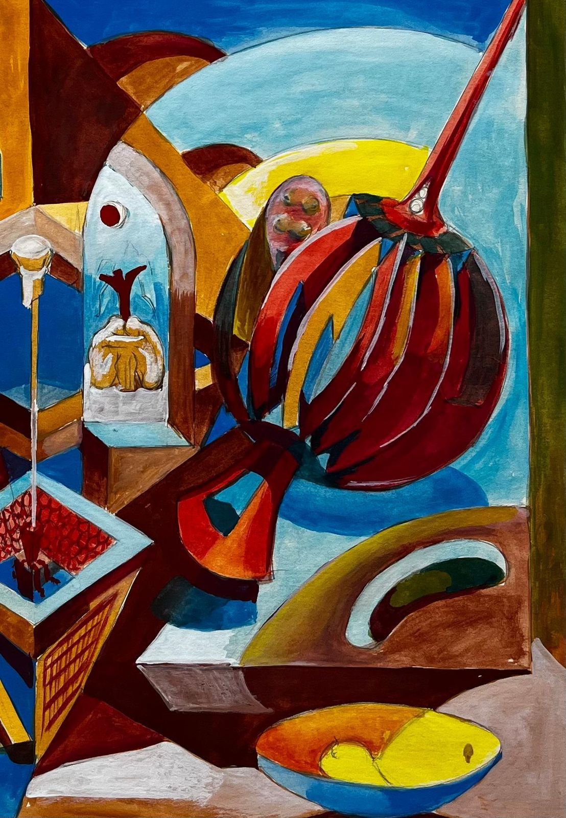 Guy Nicod Cubist Gouache French Still Life With Fruit Bowl And Geometric Shapes photo 607.0