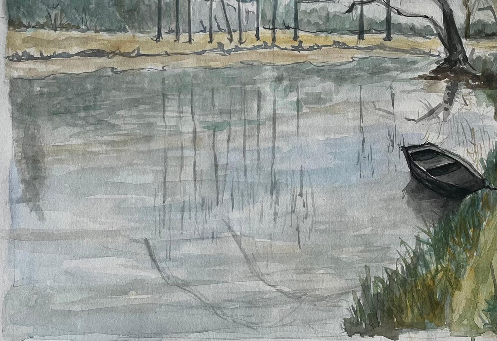 Guy Nicodfrench River Landscape With Bare Winter Trees And Rowing Boat Watercolour photo Art