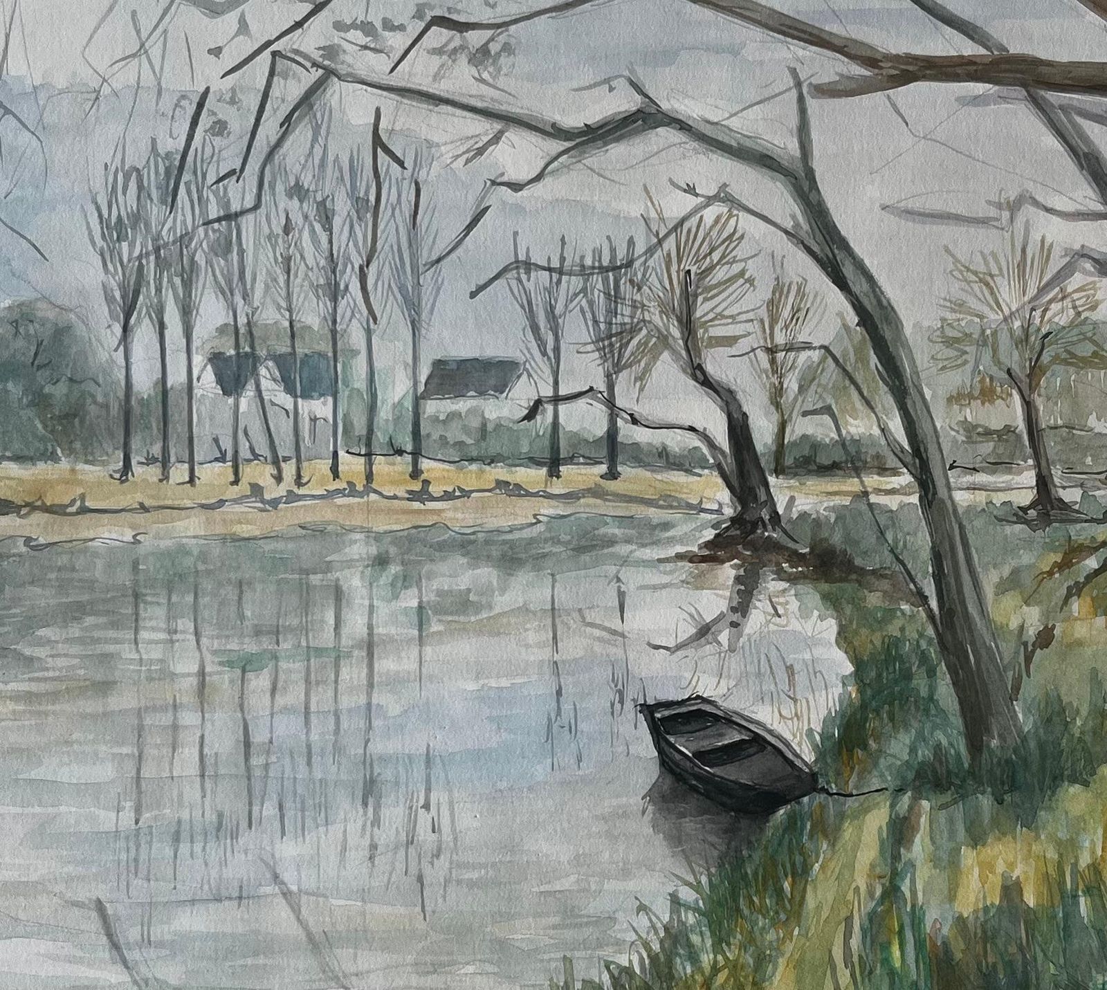 Guy Nicodfrench River Landscape With Bare Winter Trees And Rowing Boat Watercolour photo buy