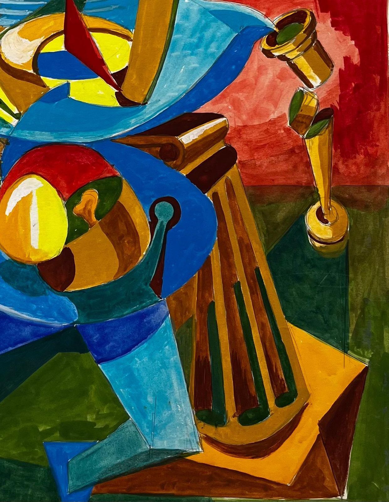 Guy Nicod Cubist Gouache French Abstract Figure With Geometric Shapes Red And Blue photo 565.0