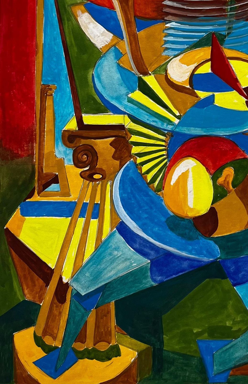 Guy Nicod Cubist Gouache French Abstract Figure With Geometric Shapes Red And Blue photo vinterior