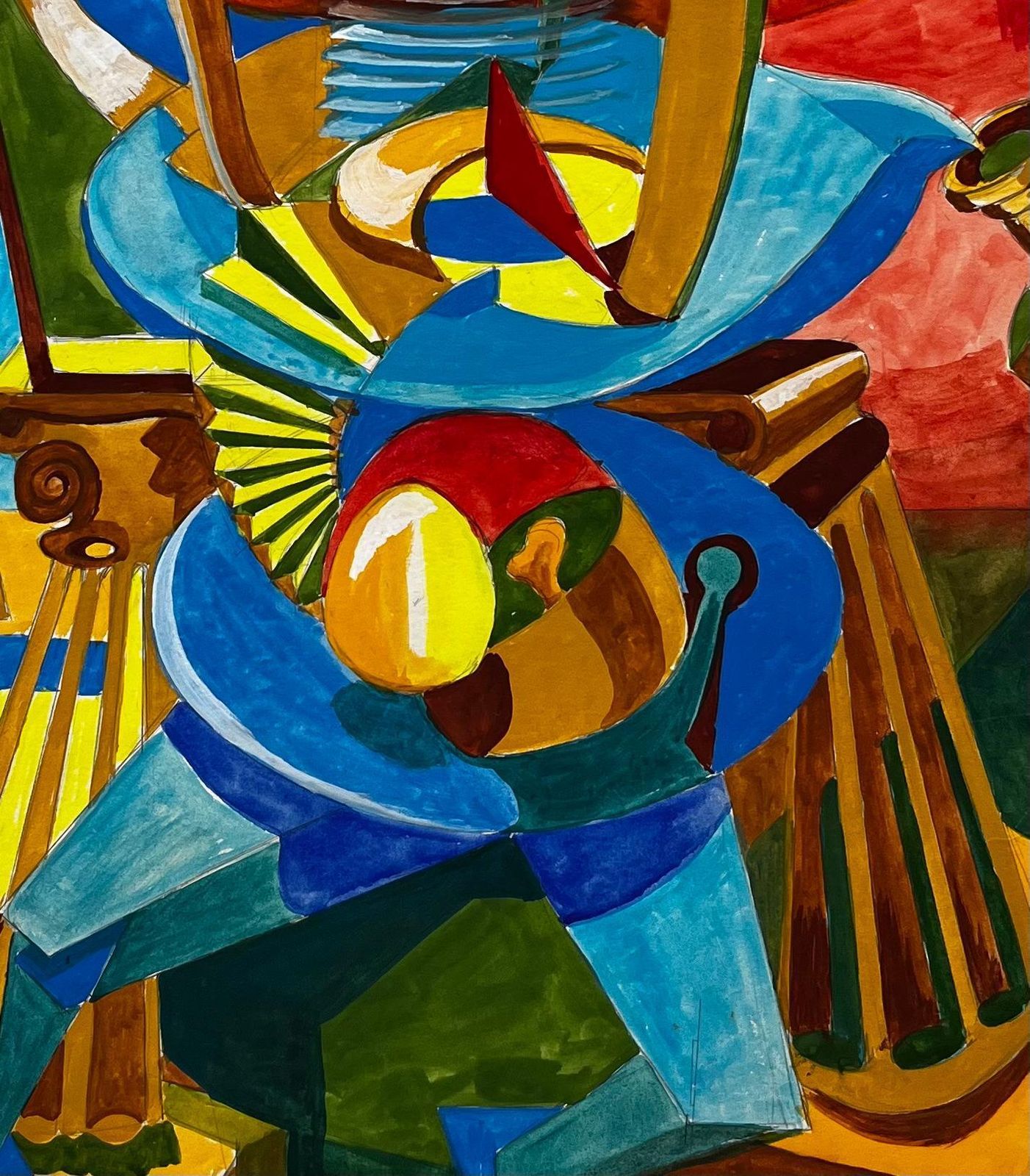 Guy Nicod Cubist Gouache French Abstract Figure With Geometric Shapes Red And Blue photo buy