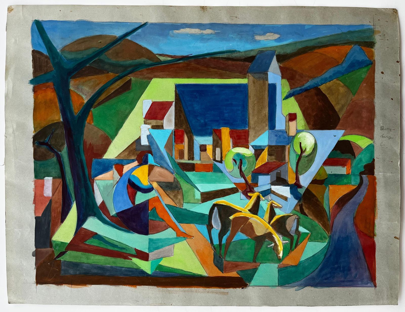 Guy Nicod Cubist French Village Landscape With Horses Church Trees And Hills Gouache photo furniture