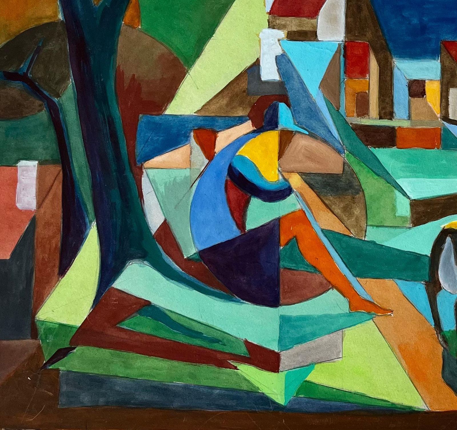 Guy Nicod Cubist French Village Landscape With Horses Church Trees And Hills Gouache photo 646.0