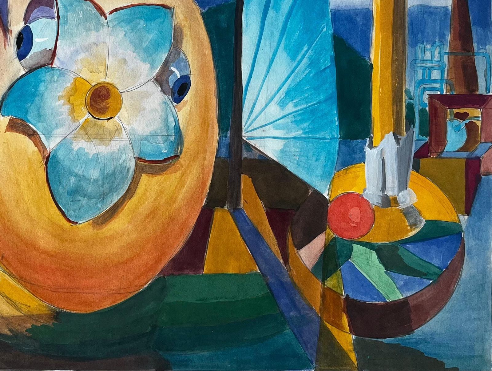 Guy Nicod Cubist Surreal Still Life With Flower Fruit Basket And Architectural Columns photo for sale