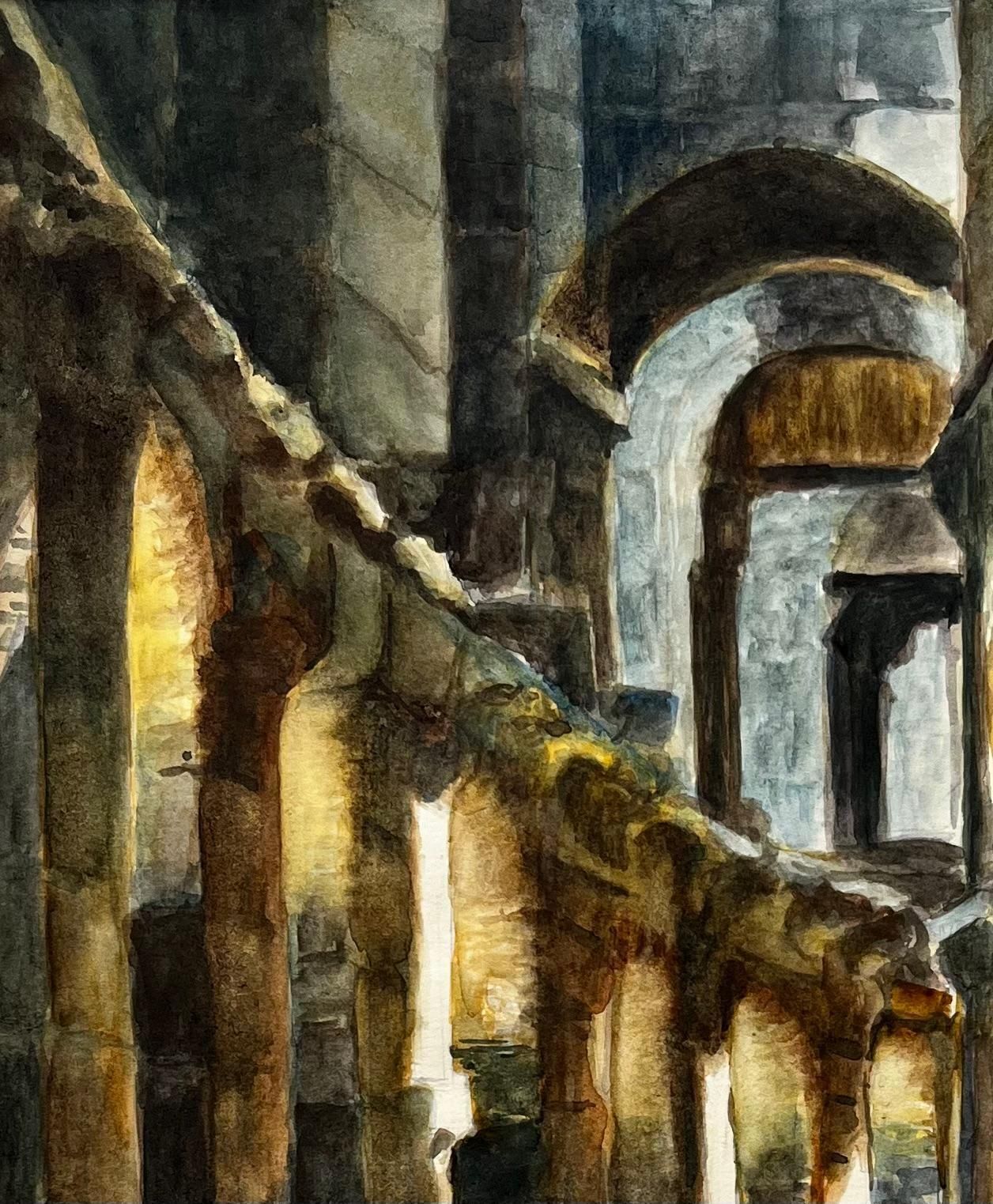 Guy Nicod Sunlit Romanesque Cloister Arches Interior Watercolor Of Stone Columns photo for sale