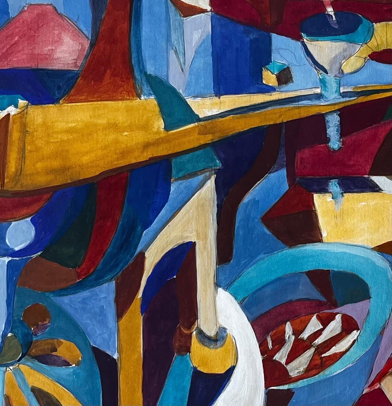 Guy Nicod Cubist Gouache Still Life With Bottles Glasses Table And Musical Instruments photo vinterior