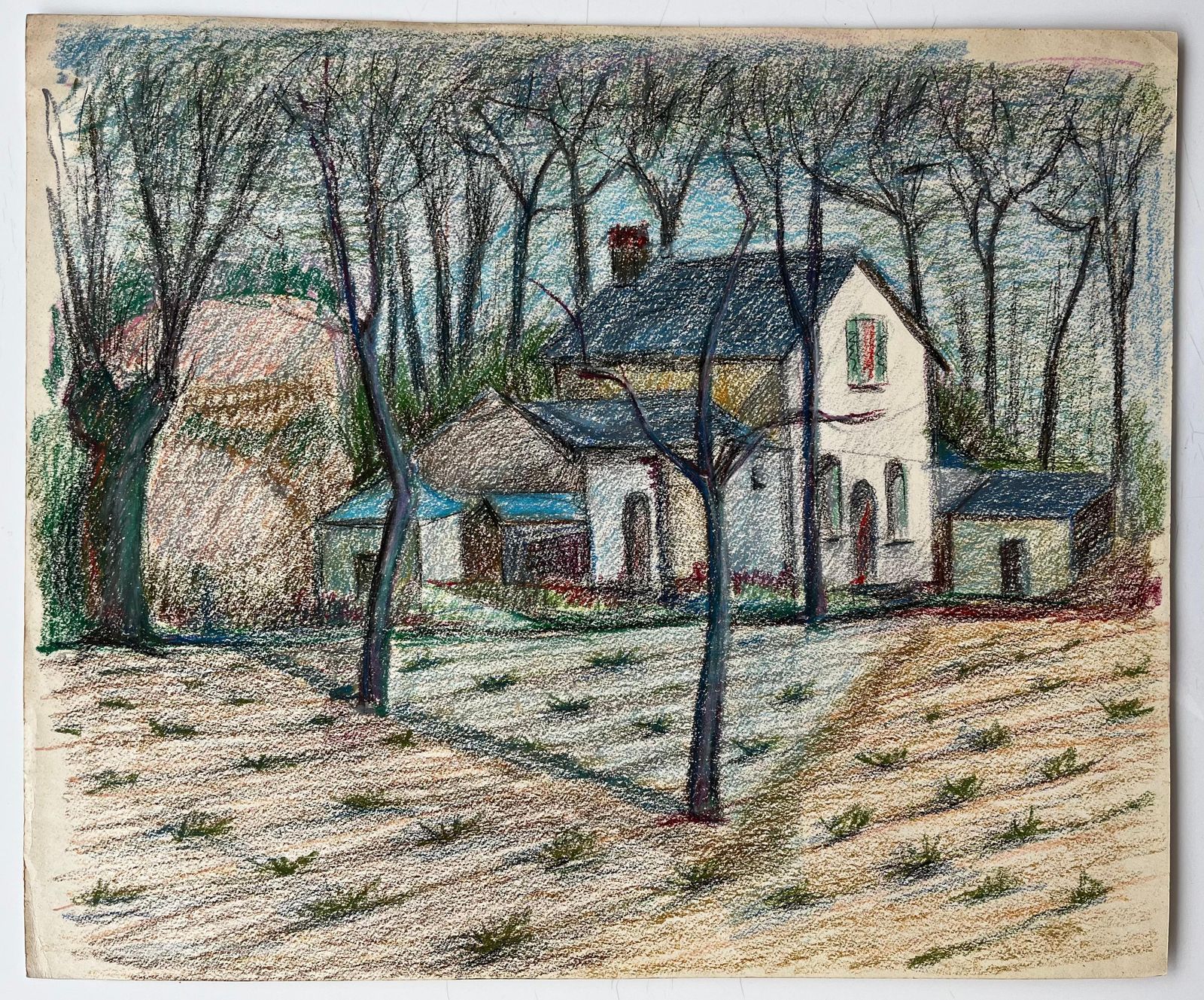 Guy Nicodwhite French Farmhouse Among Bare Trees With Ploughed Field Pastel Drawing photo furniture