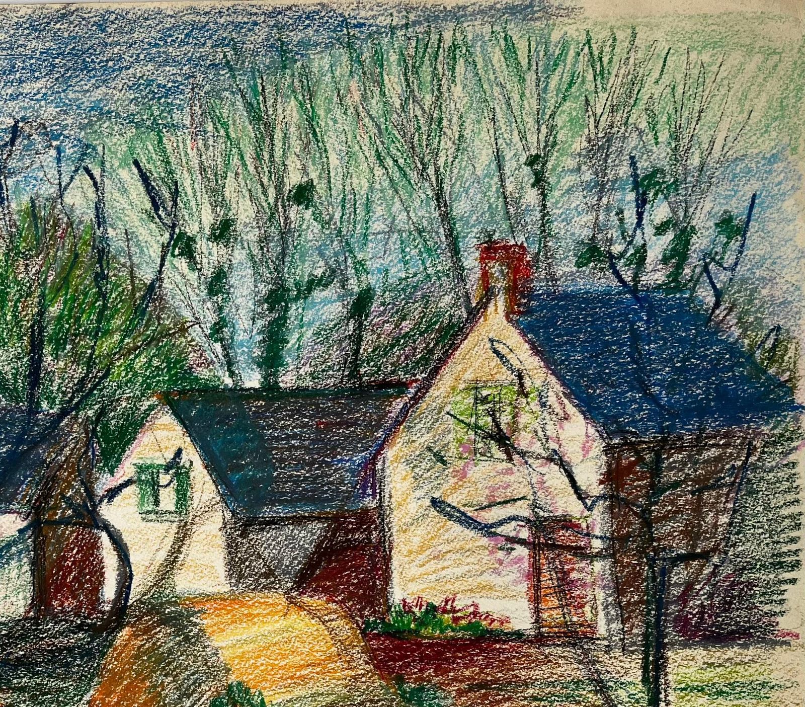 Guy Nicod French Countryside Cottages With Trees And Spring Light Pastel Drawing photo for sale