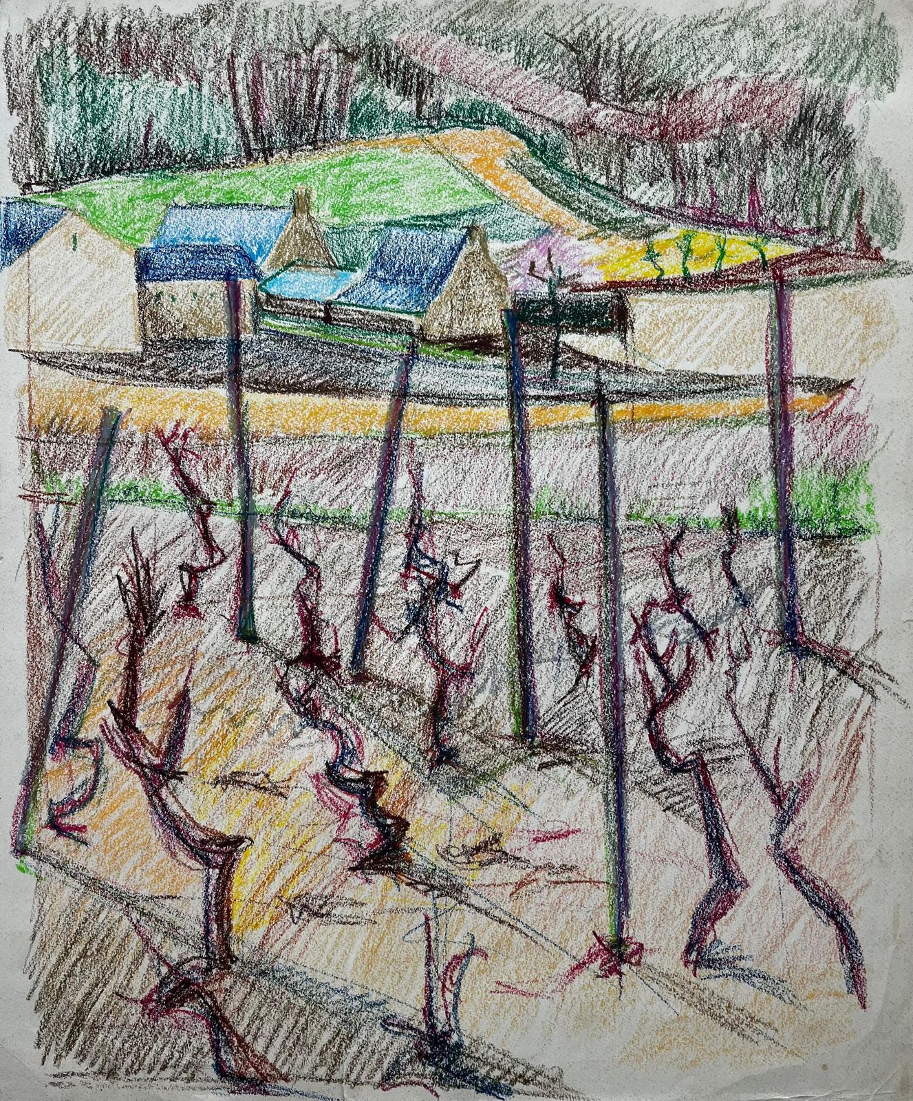Guy Nicod French Vineyard Landscape With Blue Roofs And Bare Vines Pastel Drawing
