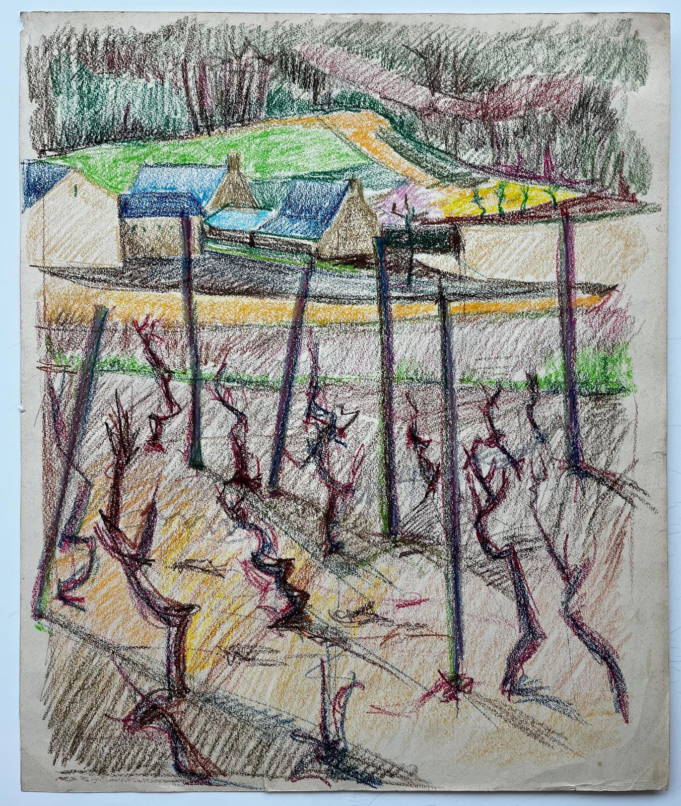 Guy Nicod French Vineyard Landscape With Blue Roofs And Bare Vines Pastel Drawing photo furniture