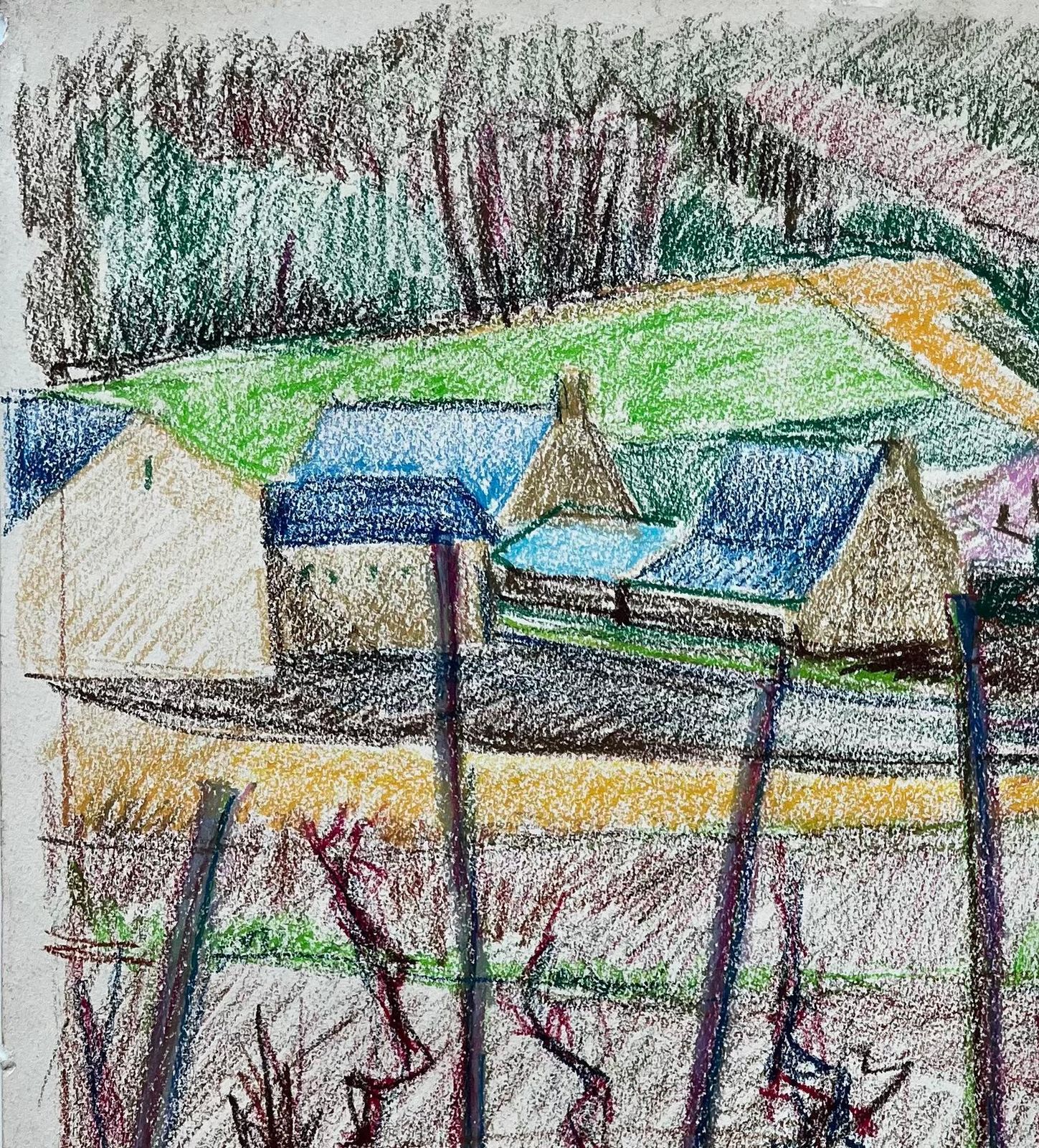 Guy Nicod French Vineyard Landscape With Blue Roofs And Bare Vines Pastel Drawing photo for sale