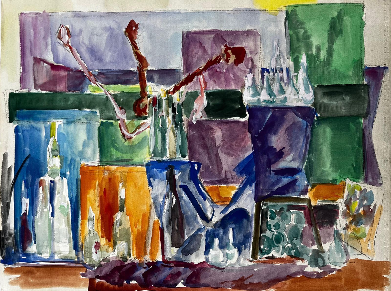 Guy Nicodabstract Still Life With Bottles And Branches French Modernist Watercolour