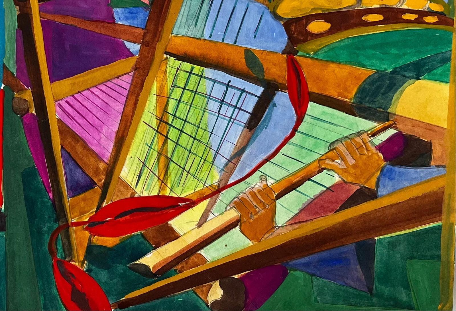 Guy Nicodcubist Aviation And Musical Scene With Airplanes Instruments And Abstract Figure photo for sale