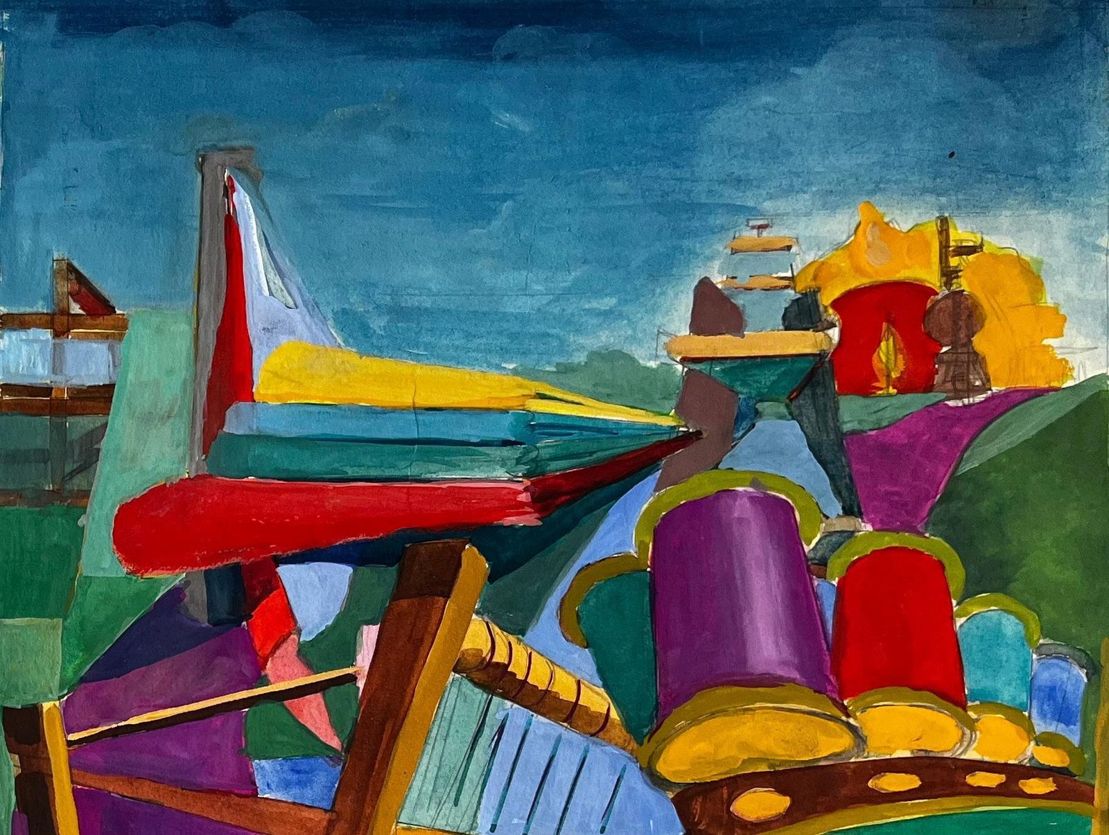 Guy Nicodcubist Aviation And Musical Scene With Airplanes Instruments And Abstract Figure photo 672.0